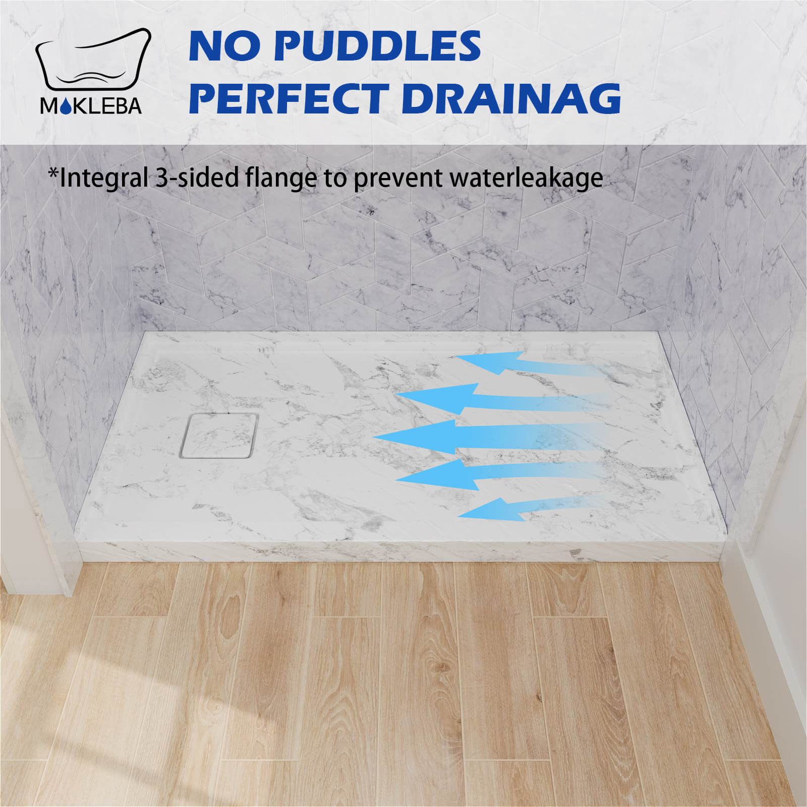 left drain shower base single threshold 3-sided flange leak protection design