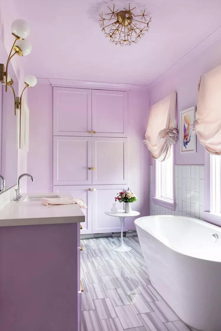 lilac vanity cabinet in young girl bathroom