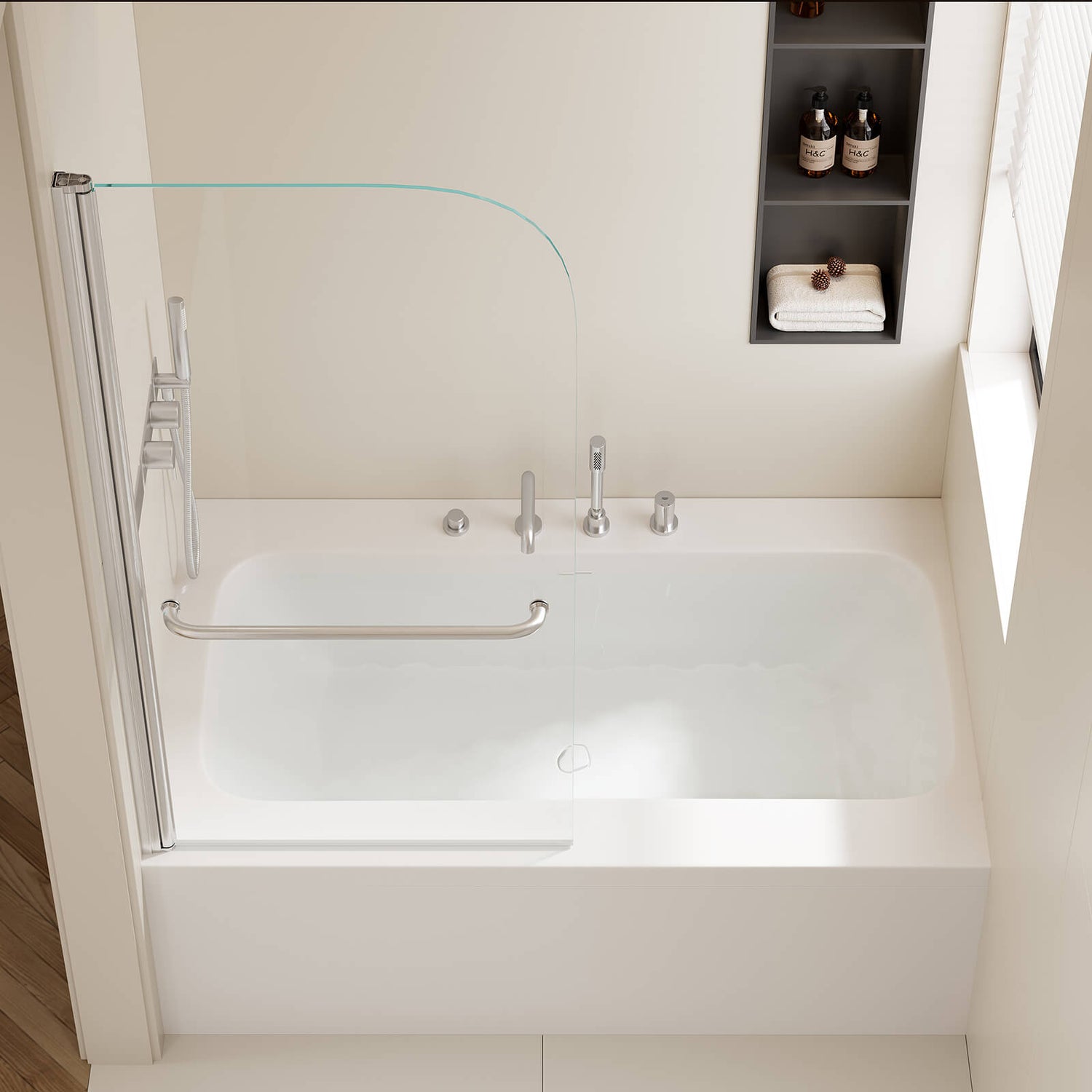 luxury frameless tub door in brushed nickel finish