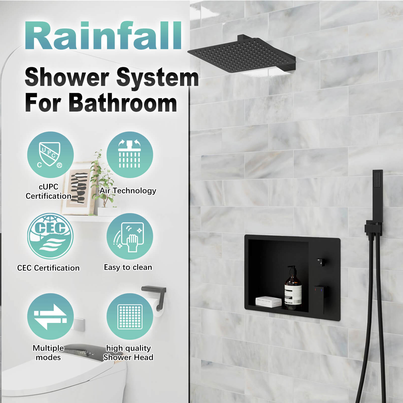 12" Rain Head Shower System with Shower Niche and Handheld, Wall Mount