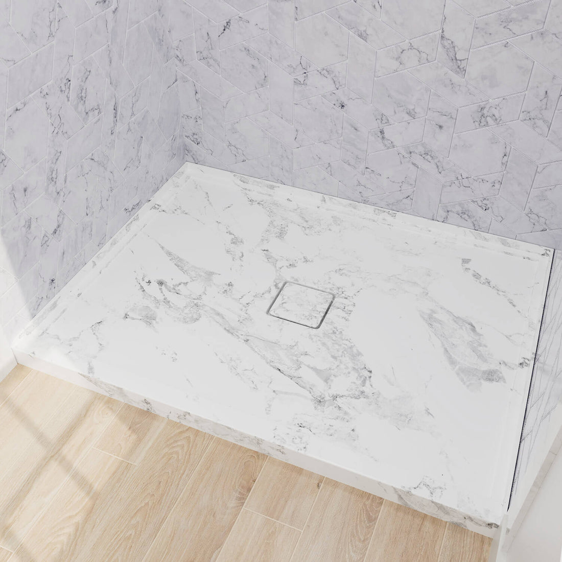 marble-look acrylic shower base adding a modern luxury aesthetic to bathrooms