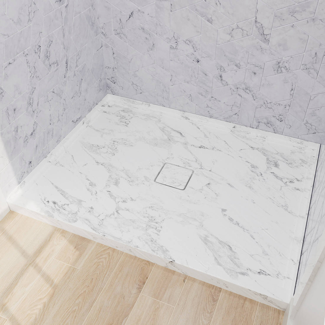 marble-look acrylic shower base with anti-slip texture for alcove bathrooms