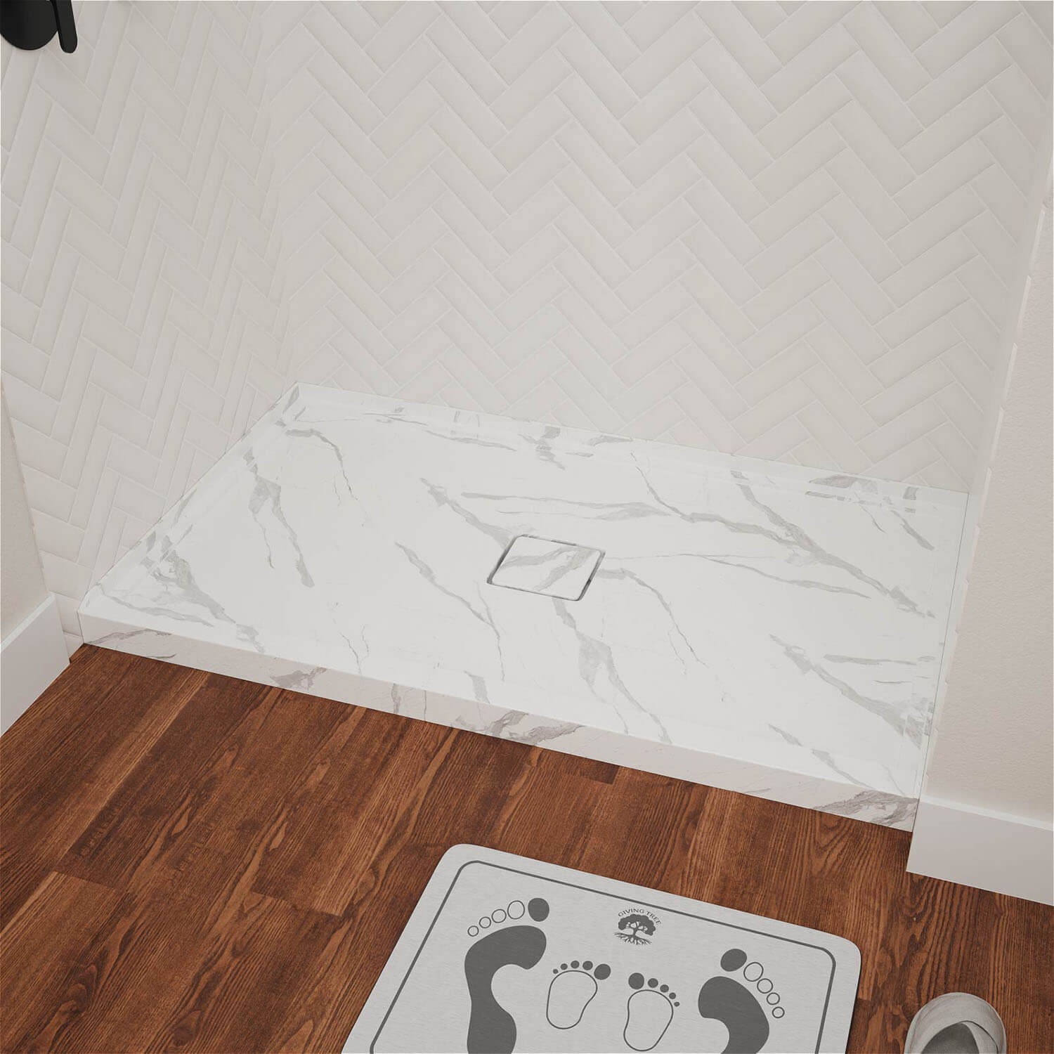 marble look 60x36 shower pan with single threshold and center drain design
