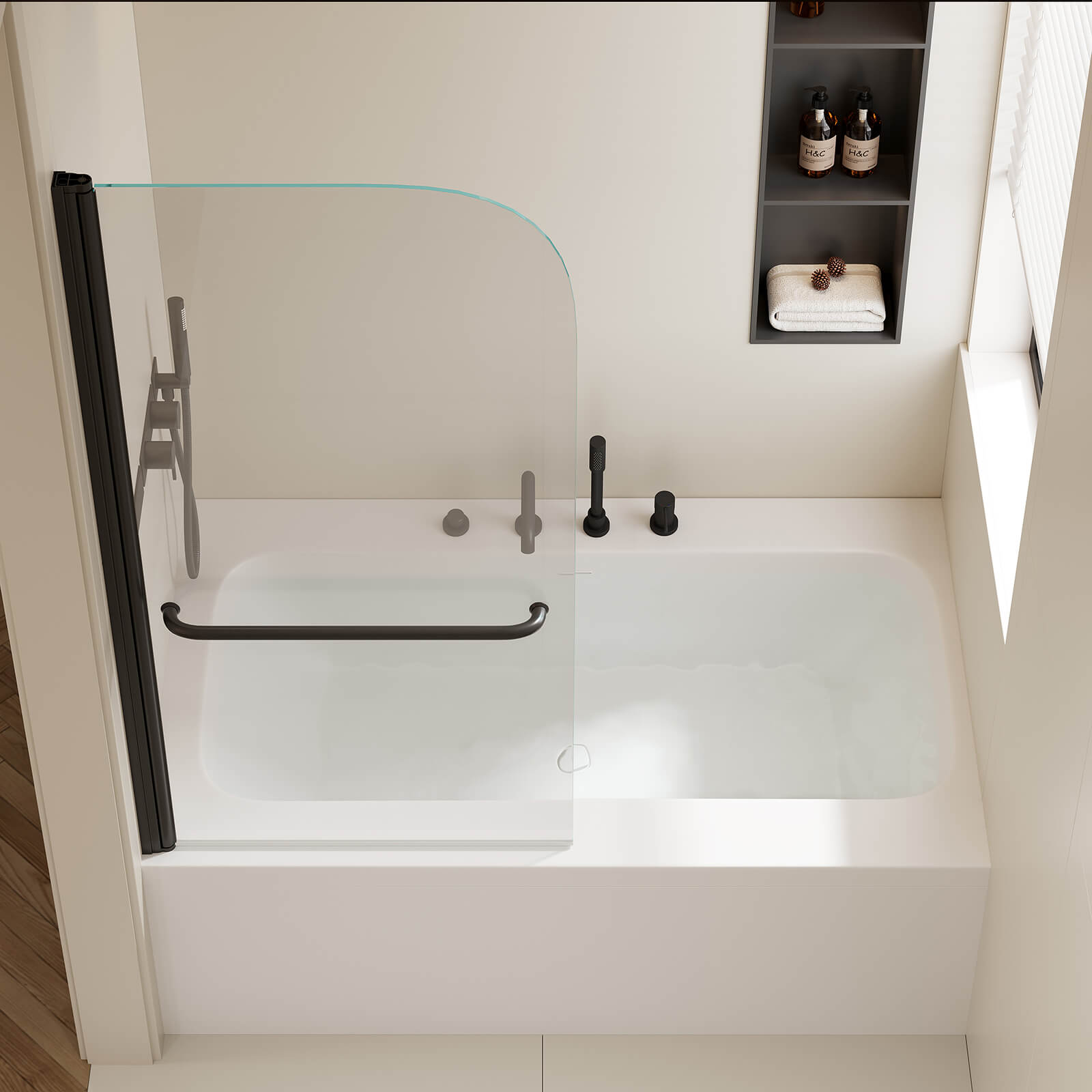matte black bathtub pivot shower door front view