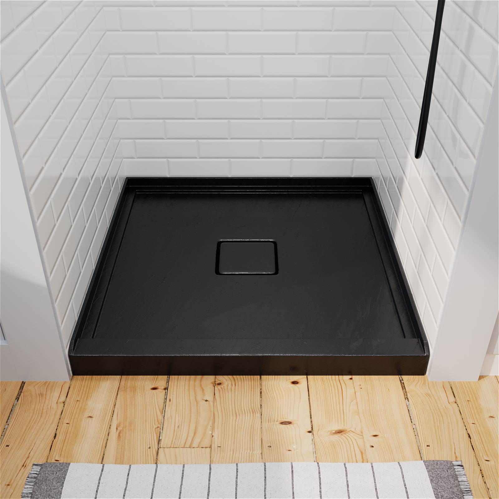 matte black shower pan with slip resistant textured surface