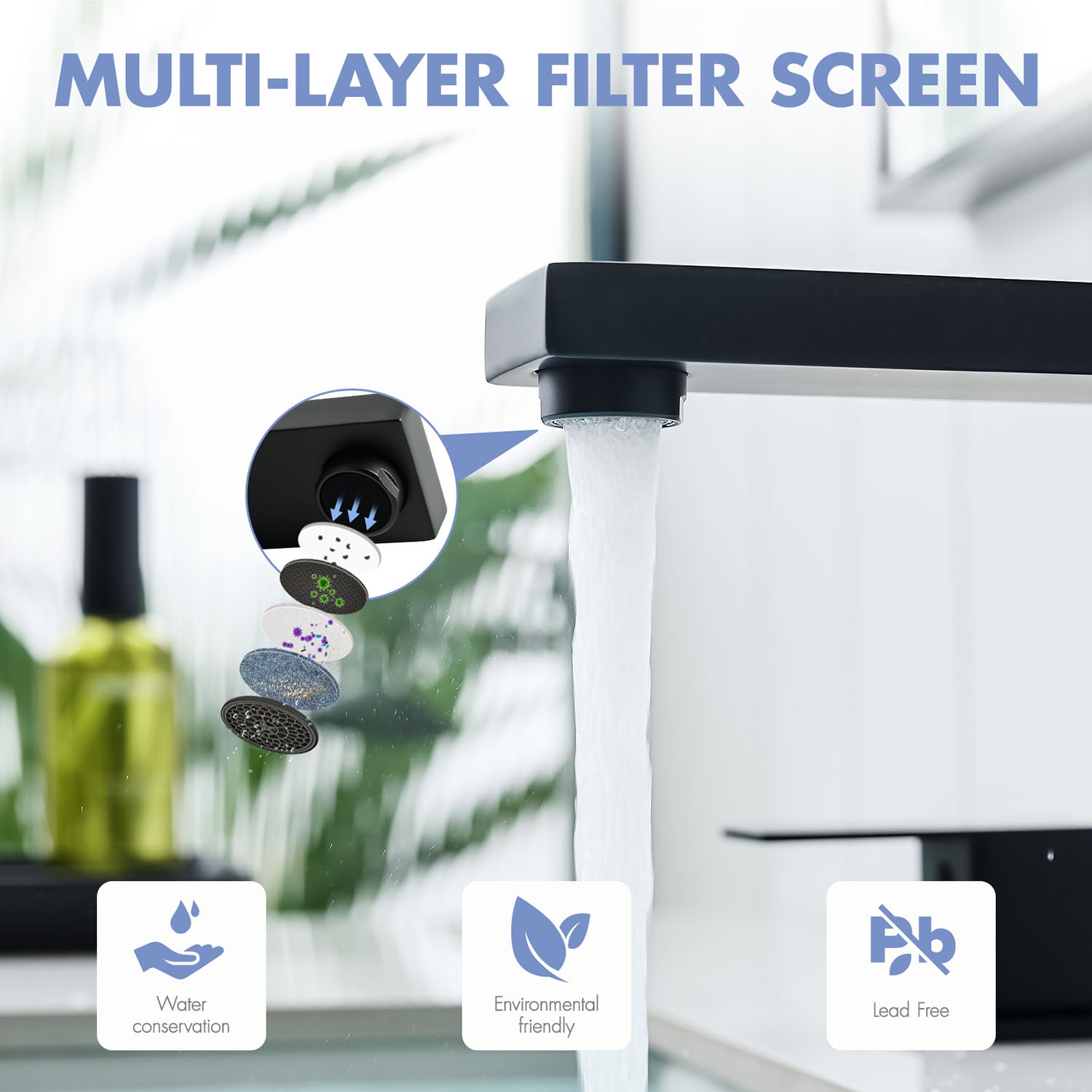 matte black 3 hole bathroom faucet with multi-layer filter screen