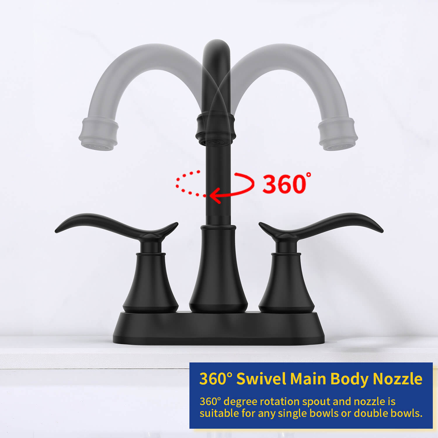 matte black Bathroom Vanity Sink Faucet with 360-degree swivel spout