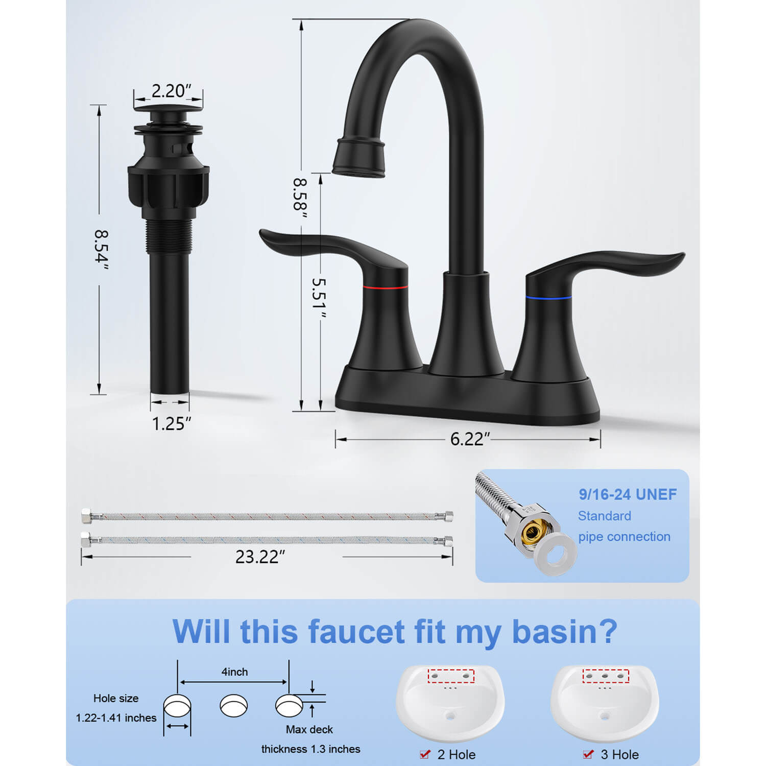 matte black Bathroom Vanity Sink Faucet with dimensions and compatibility details