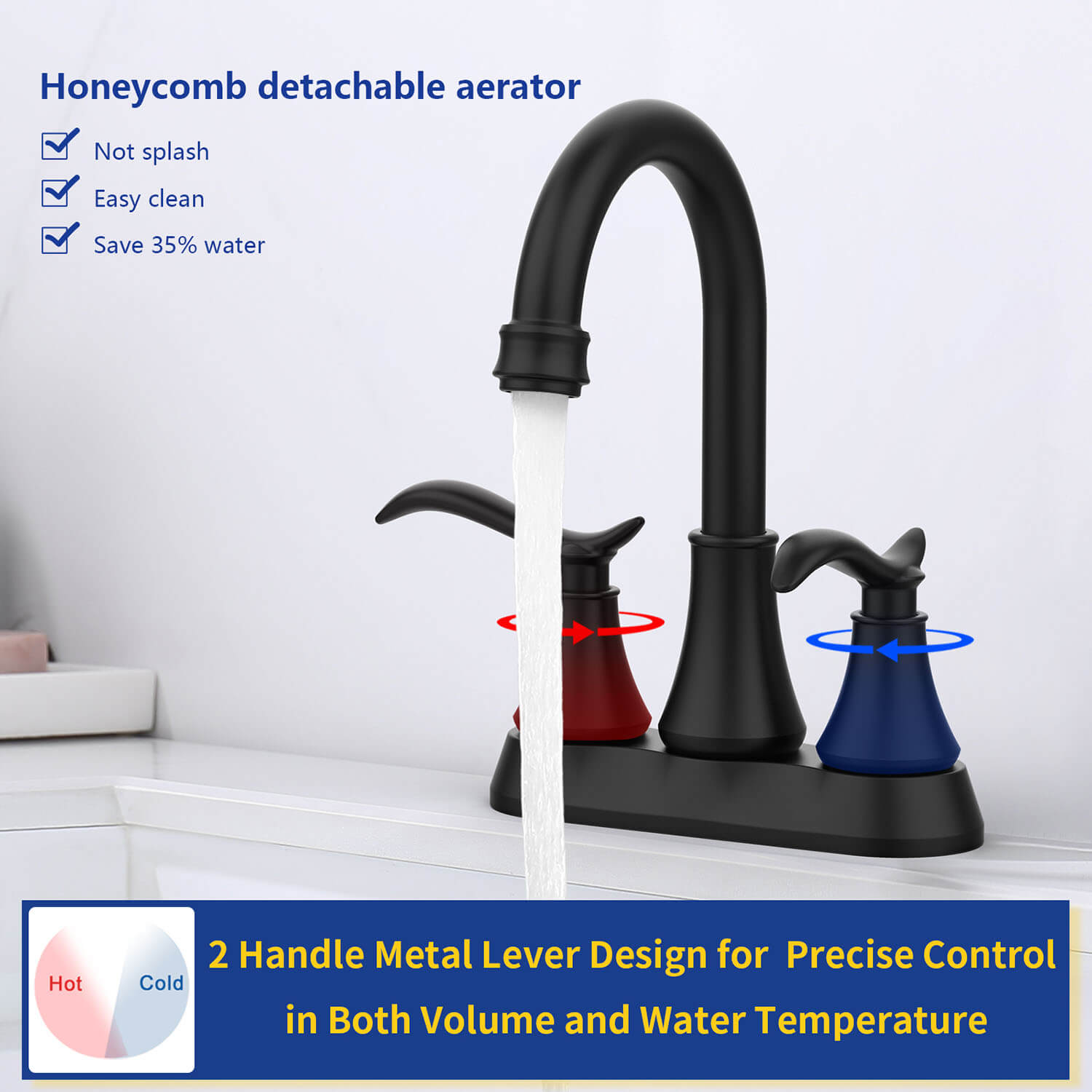 matte black Bathroom Vanity Sink Faucet with honeycomb detachable aerator