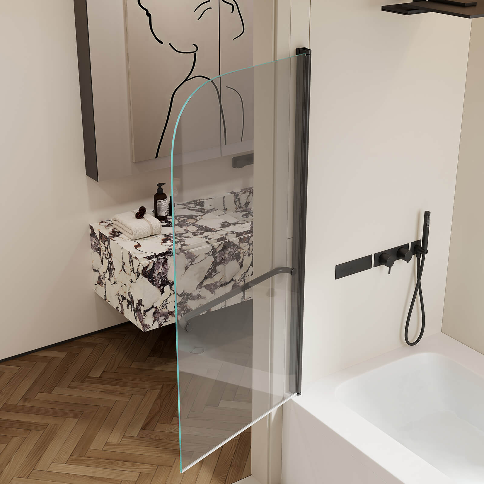 minimal black pivot bathtub door for modern bathrooms