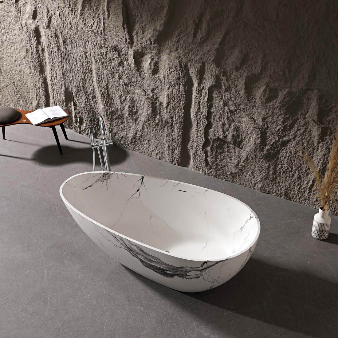 minimalist egg shaped solid surface bathtub with ink design