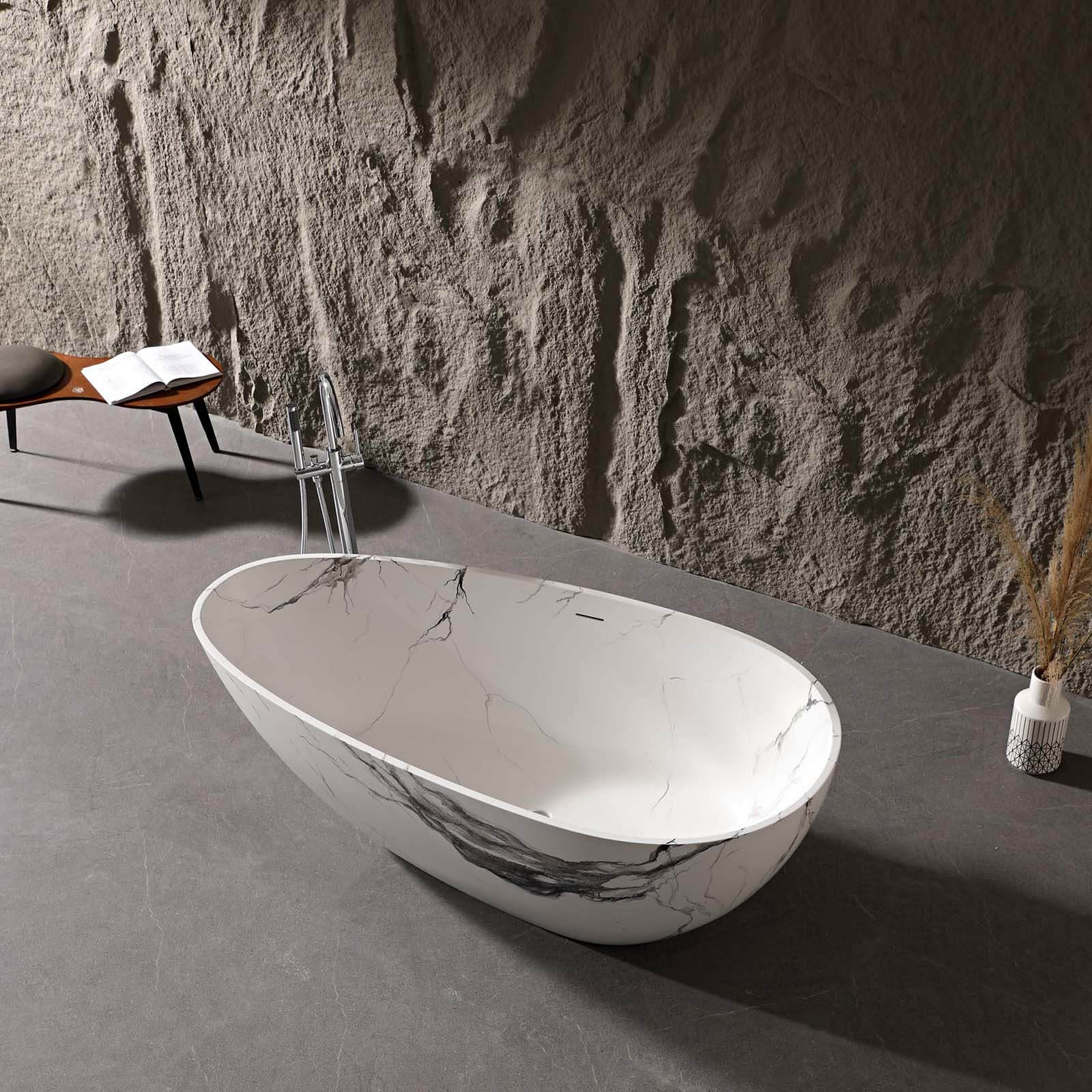 minimalist egg shaped solid surface bathtub with ink design