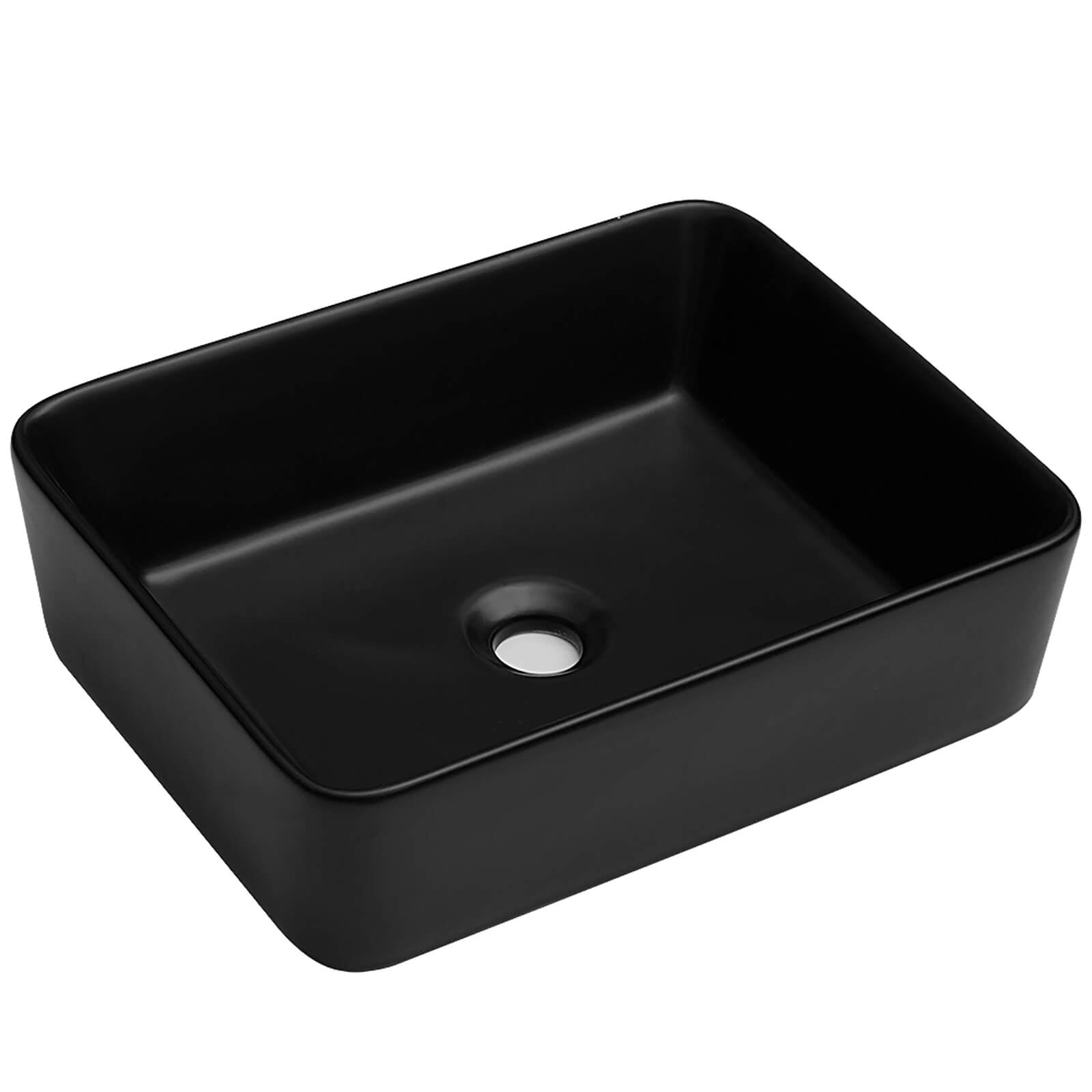 minimalist rectangular vessel sink in sleek black ceramic
