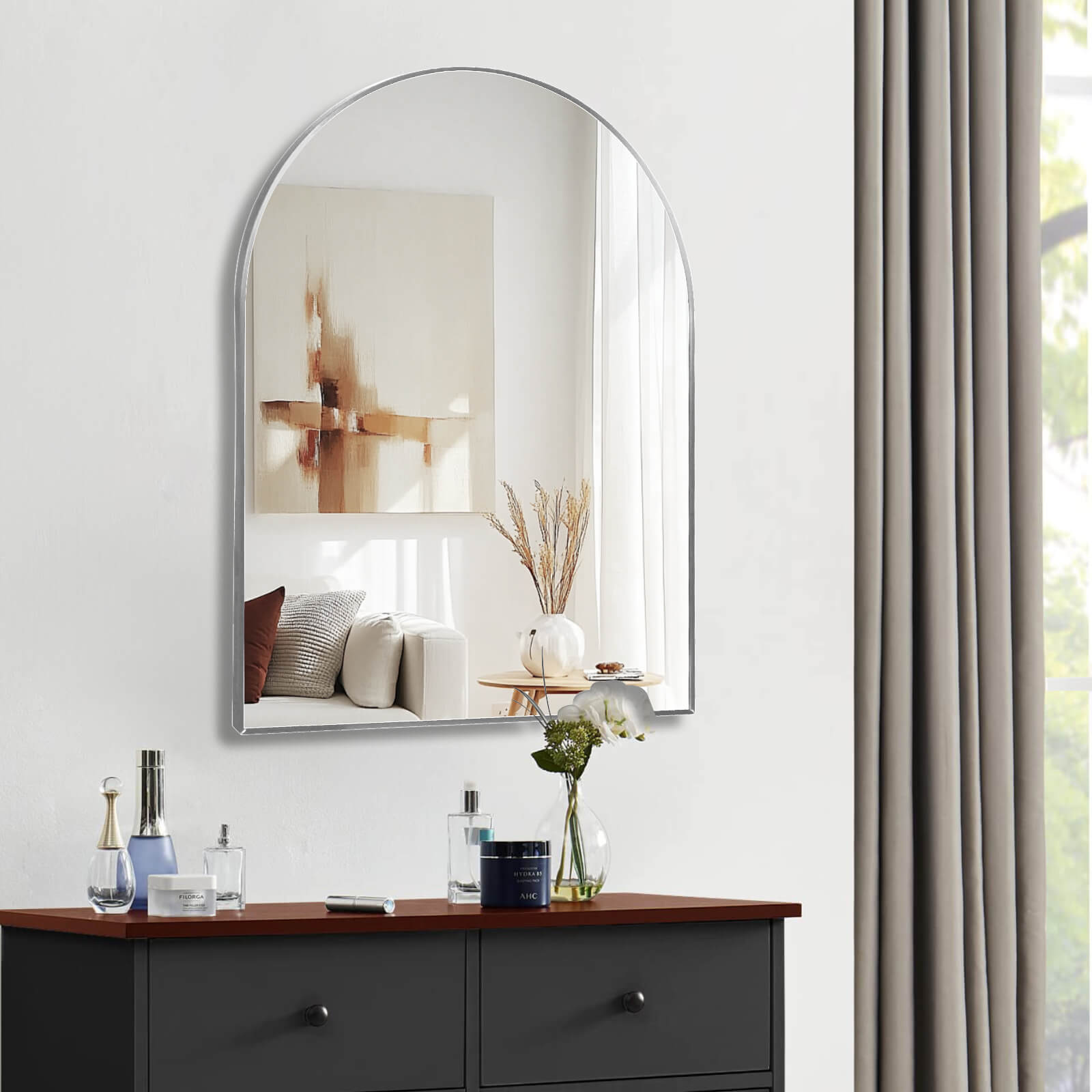 minimalist silver frame arched mirror