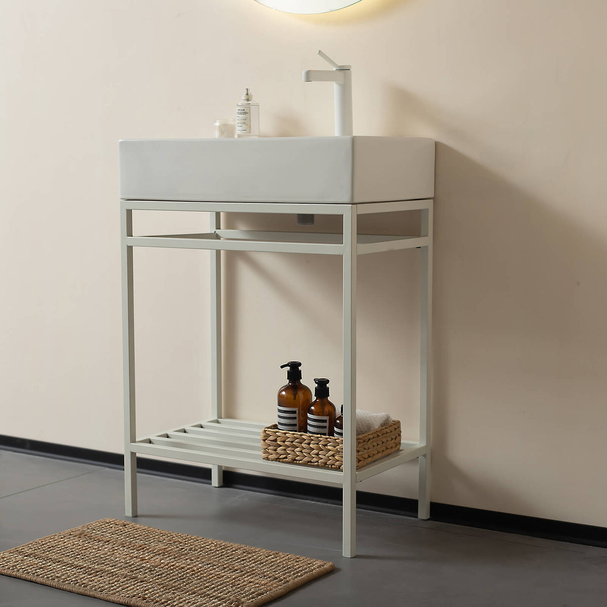 minimalist white ceramic sink with matching metal frame