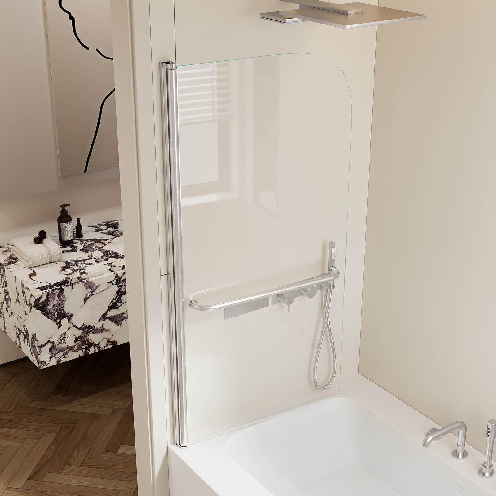 modern brushed nickel pivot door for bathtubs
