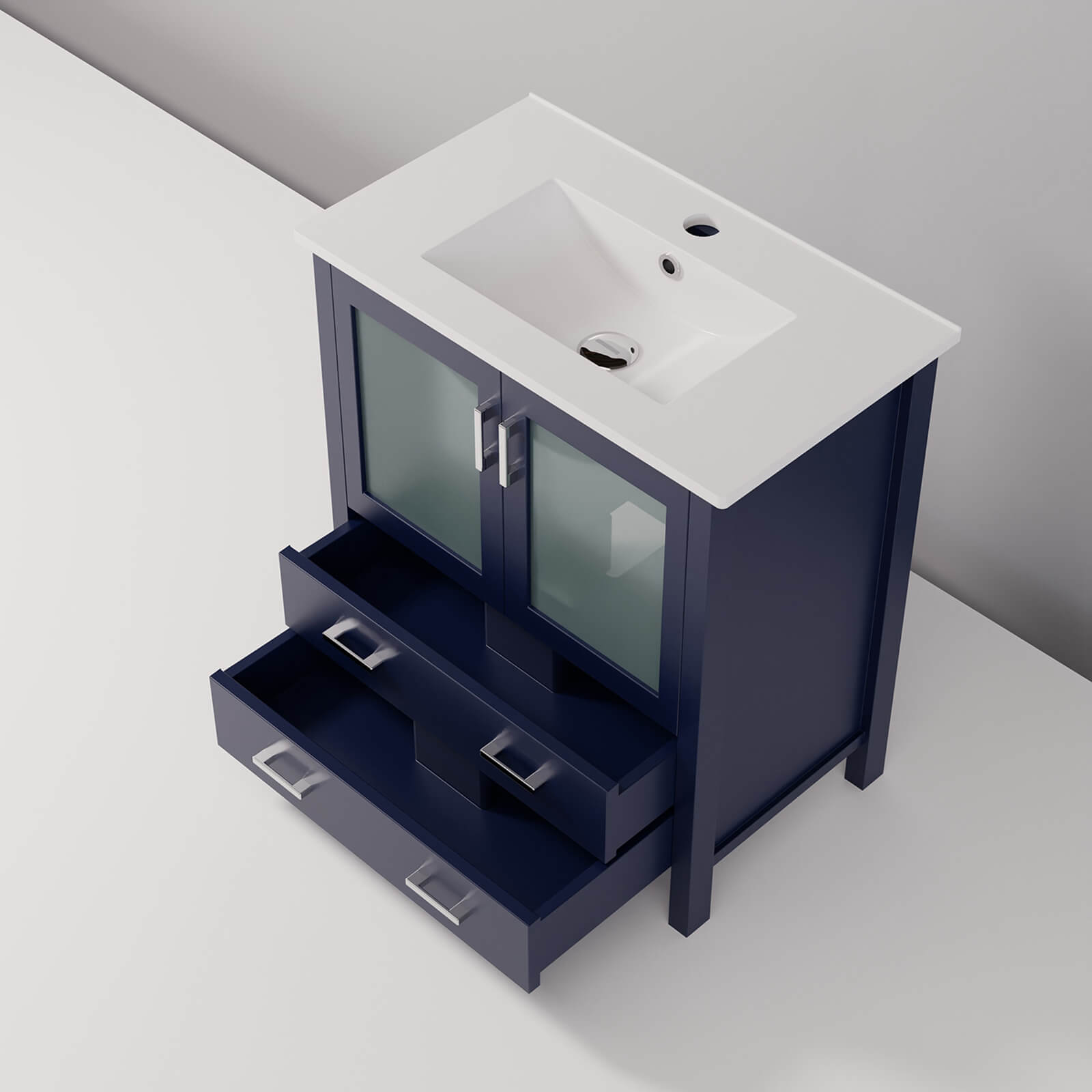 modern deep blue bathroom vanity with soft close storage