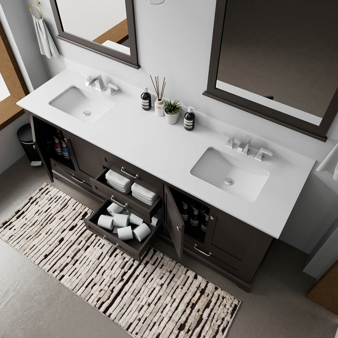modern espresso double sink vanity with soft close cabinet doors