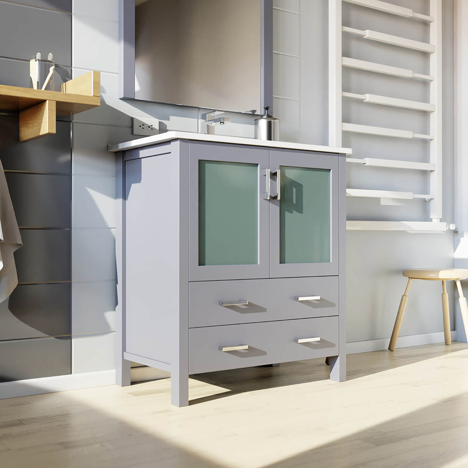 modern gray vanity cabinet for small bathrooms
