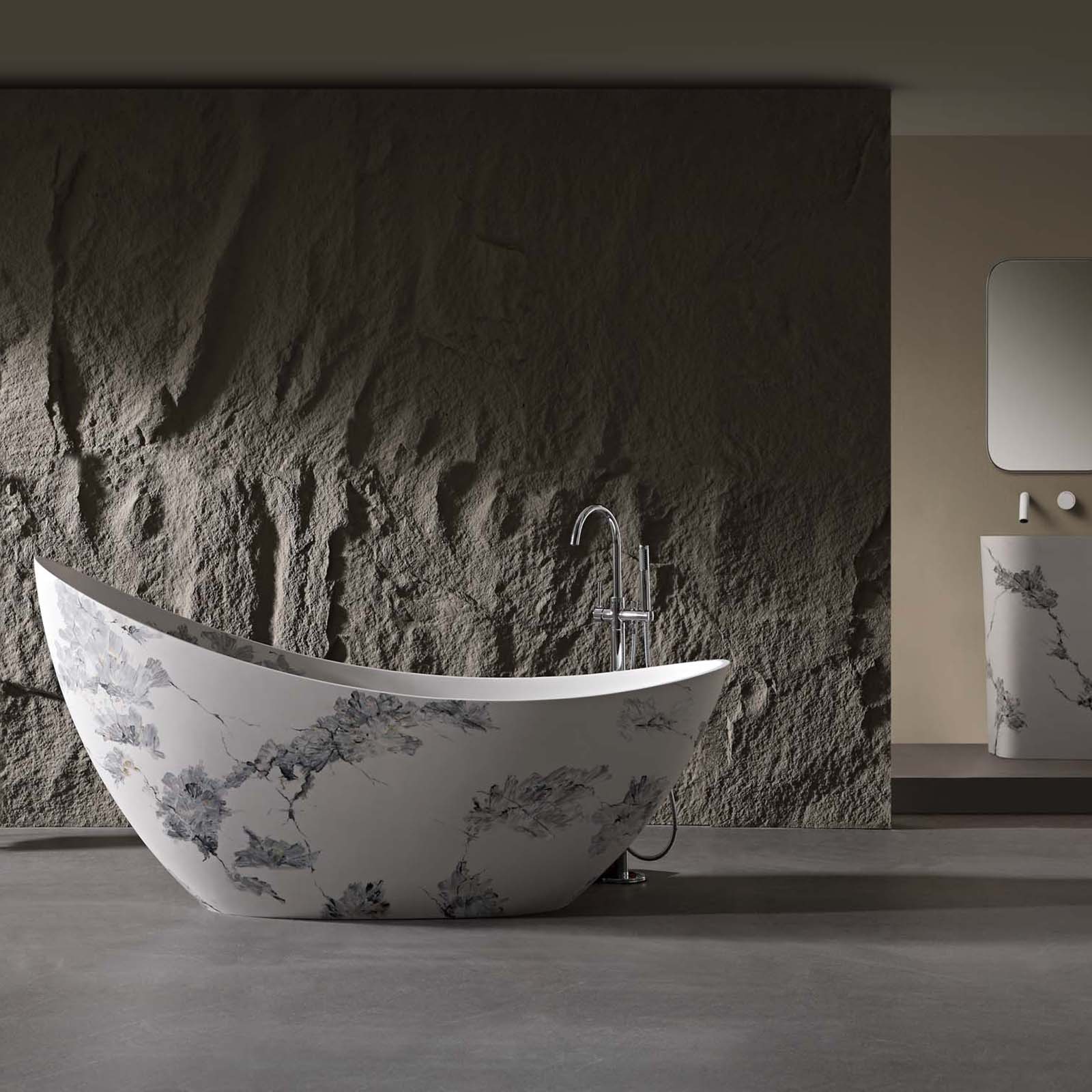 modern solid surface bathtub with Asian inspired art