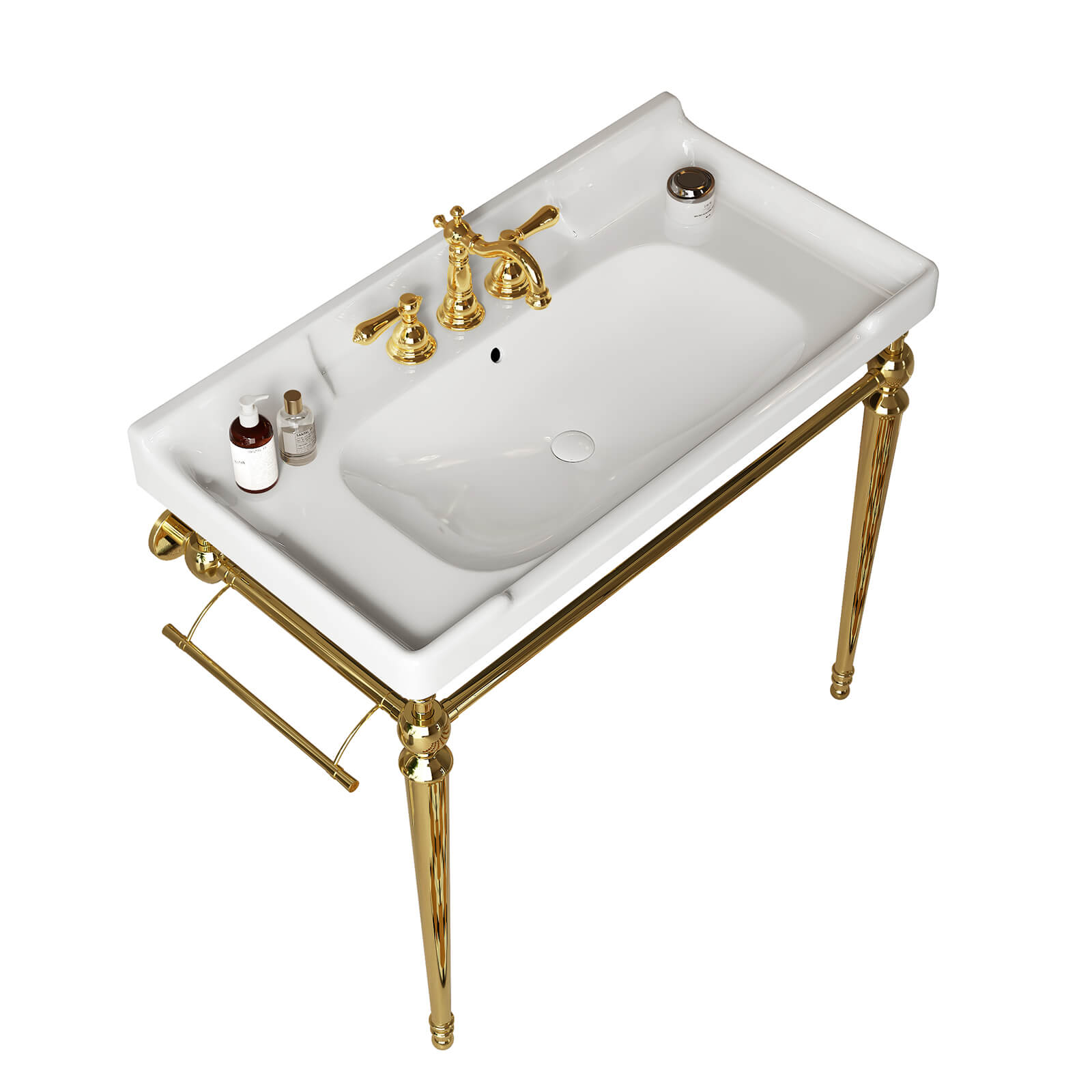 modern white bathroom sink with gold metal stand