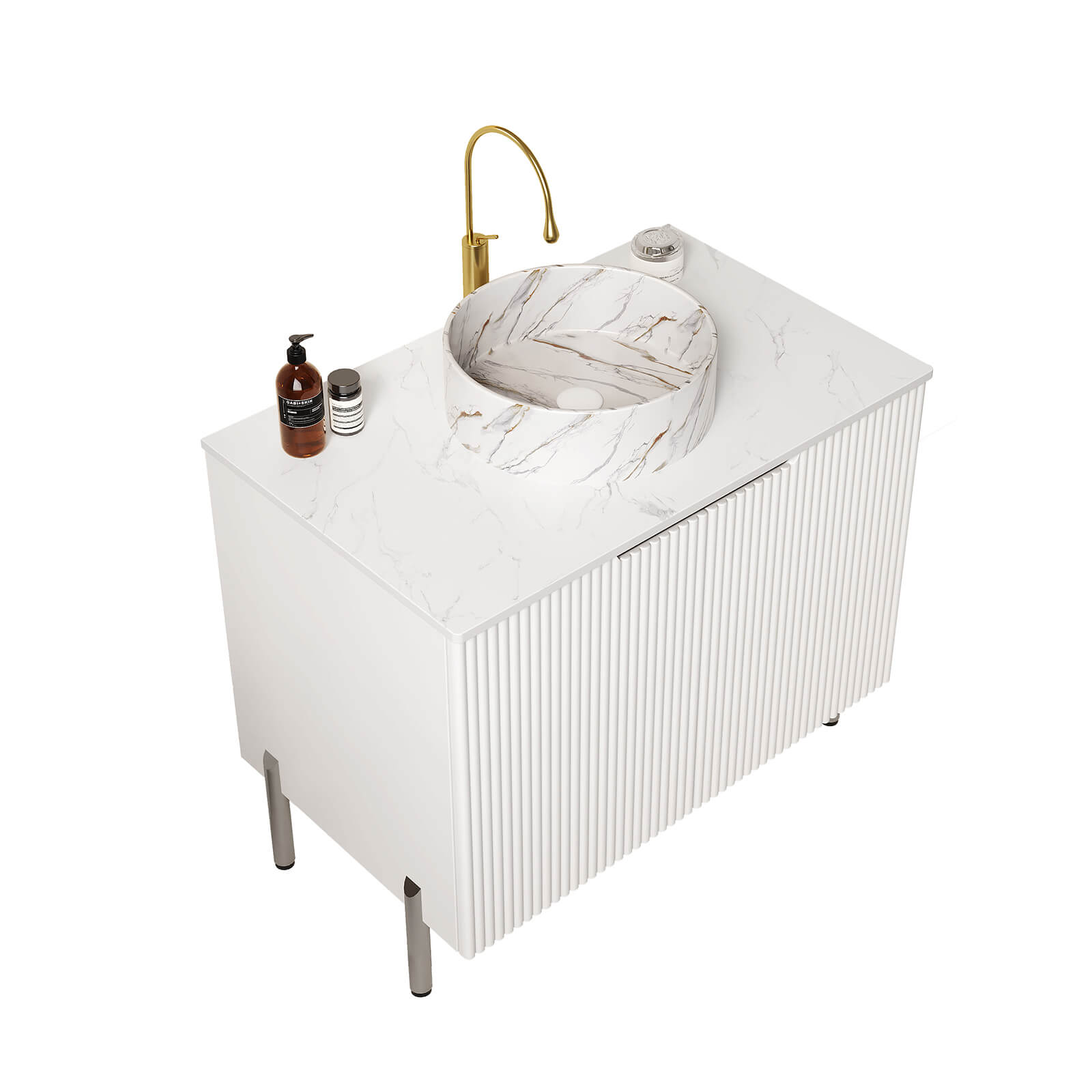 modern white vanity with Carrara top and creamy textured countertop basin