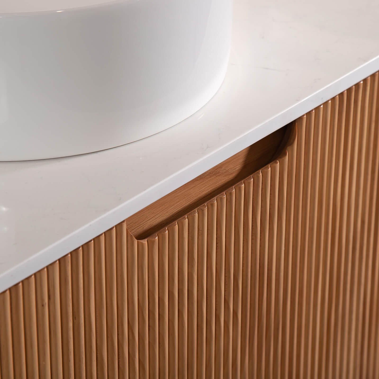 oak finish vanity with modern striped paneling design