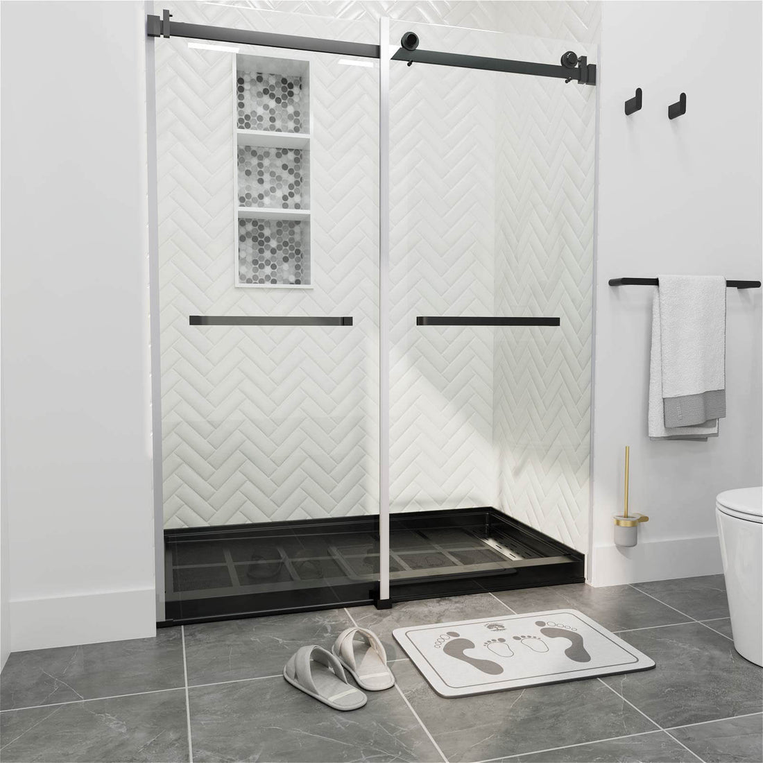 premium black shower base featuring integrated three wall flanges
