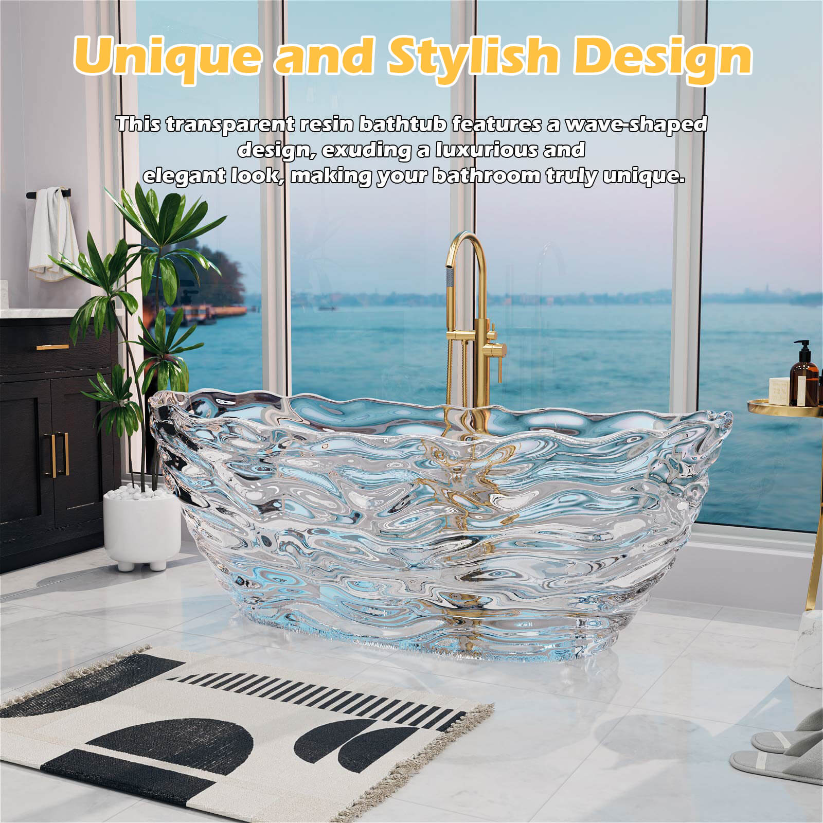 premium clear resin bathtub reflecting light