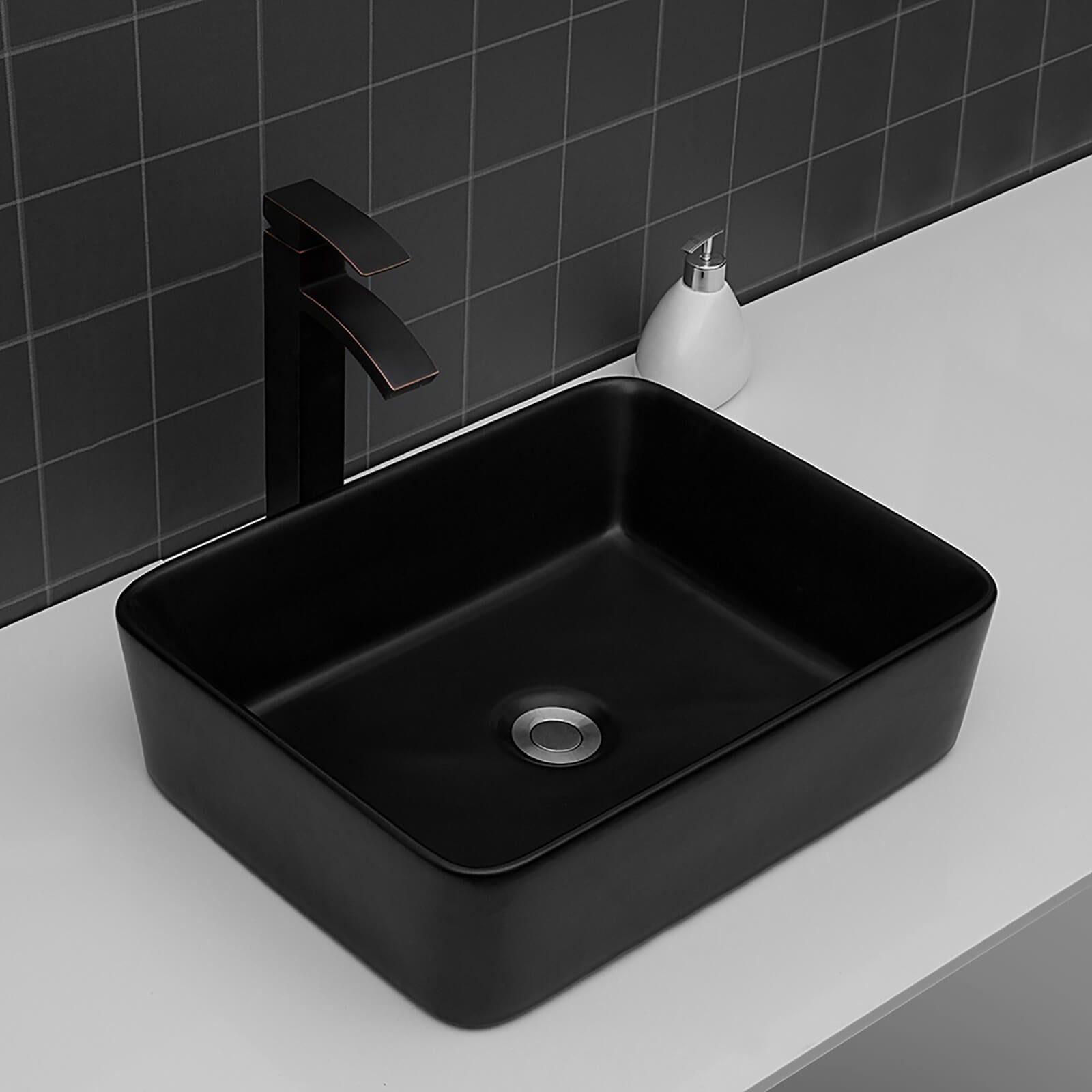 rectangular black ceramic vessel sink for modern bathroom