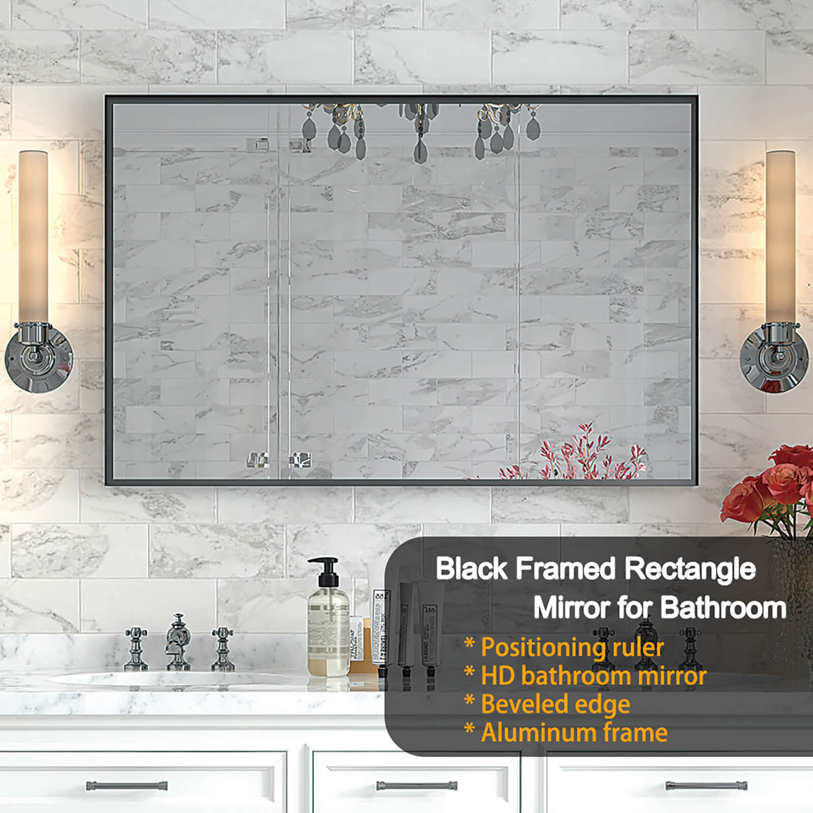 36" x 24" Aluminum Frame Bathroom Mirror with Beveled Edge
