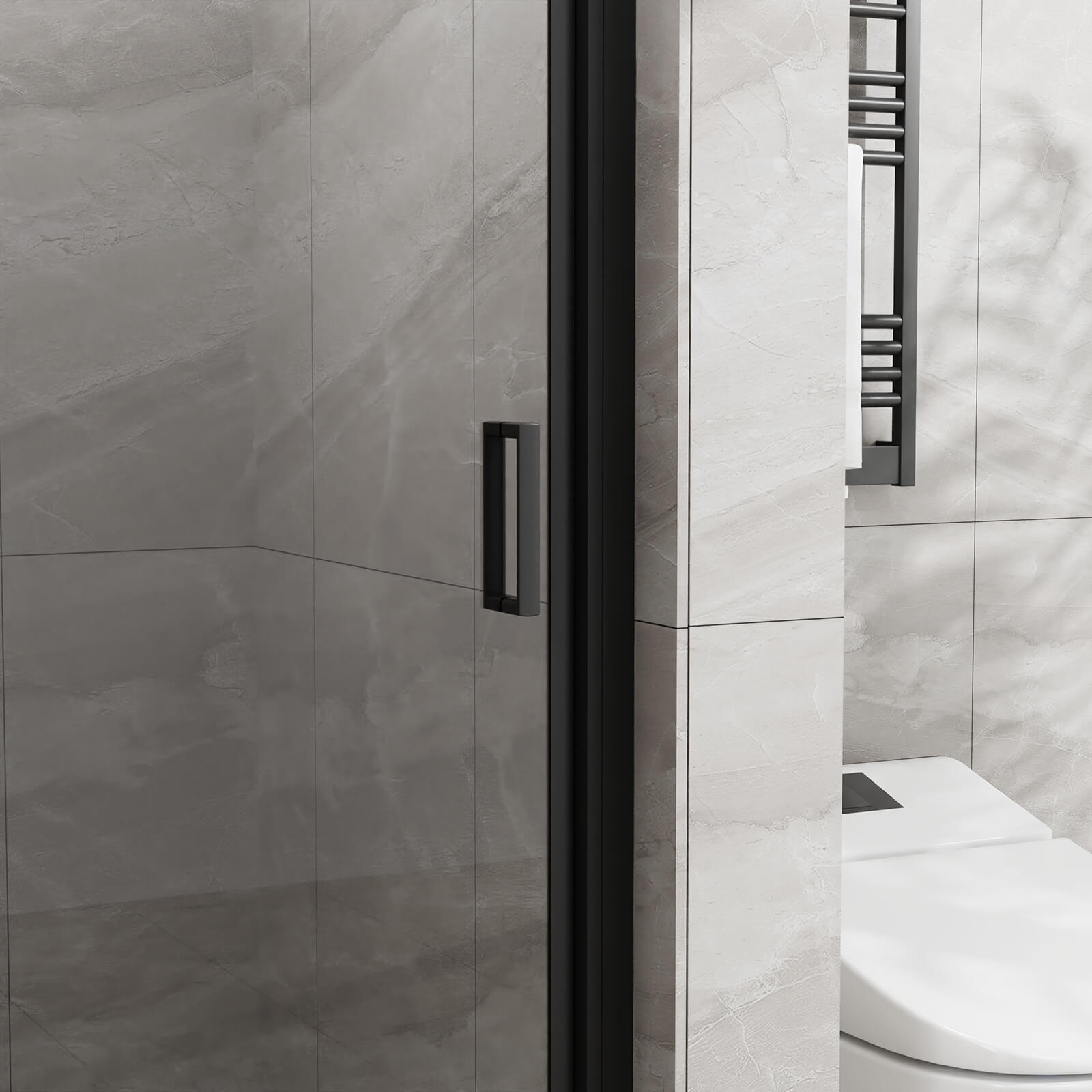 reversible pivot shower door kit with black frame and safety glass