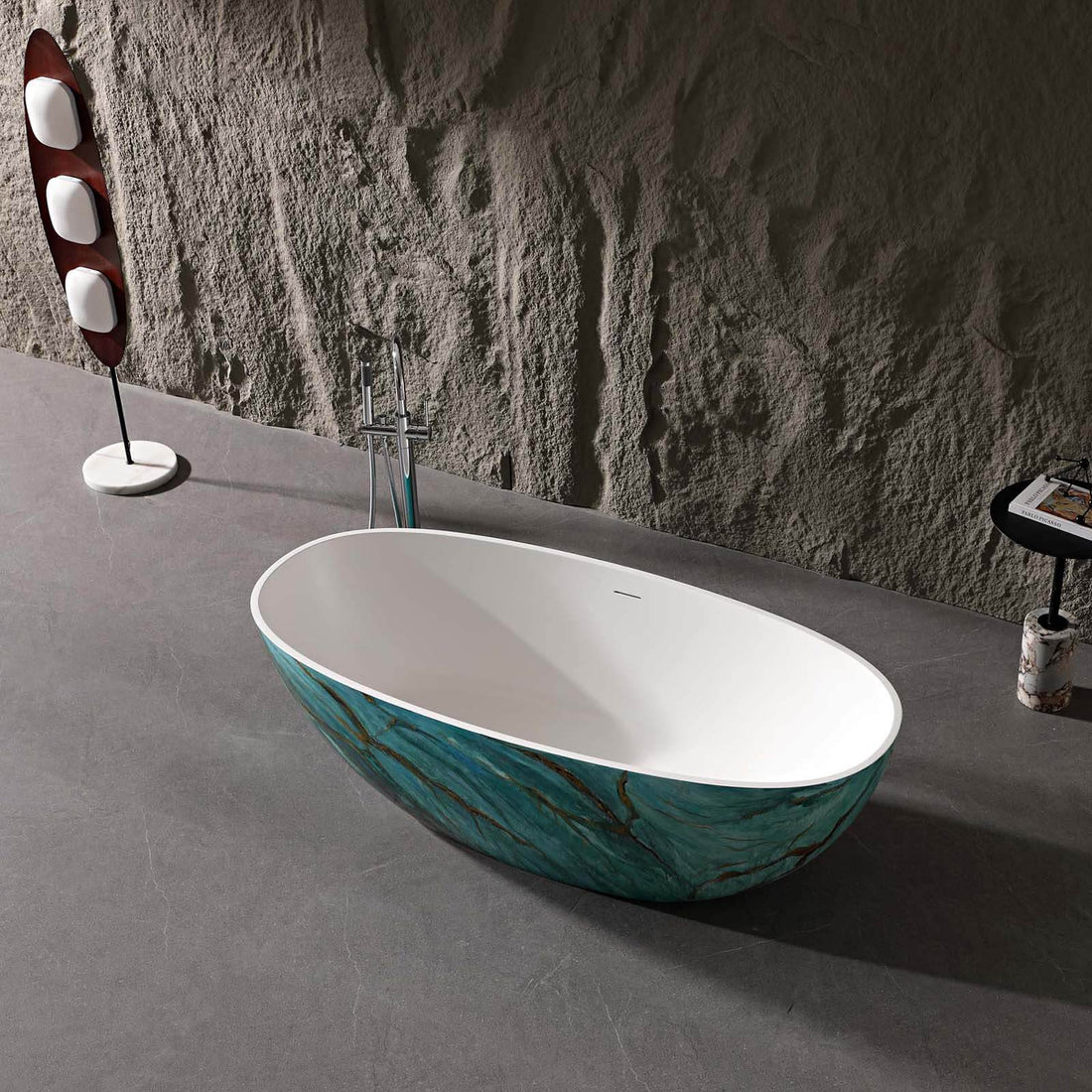 seamless oval bathtub with gold marble veins