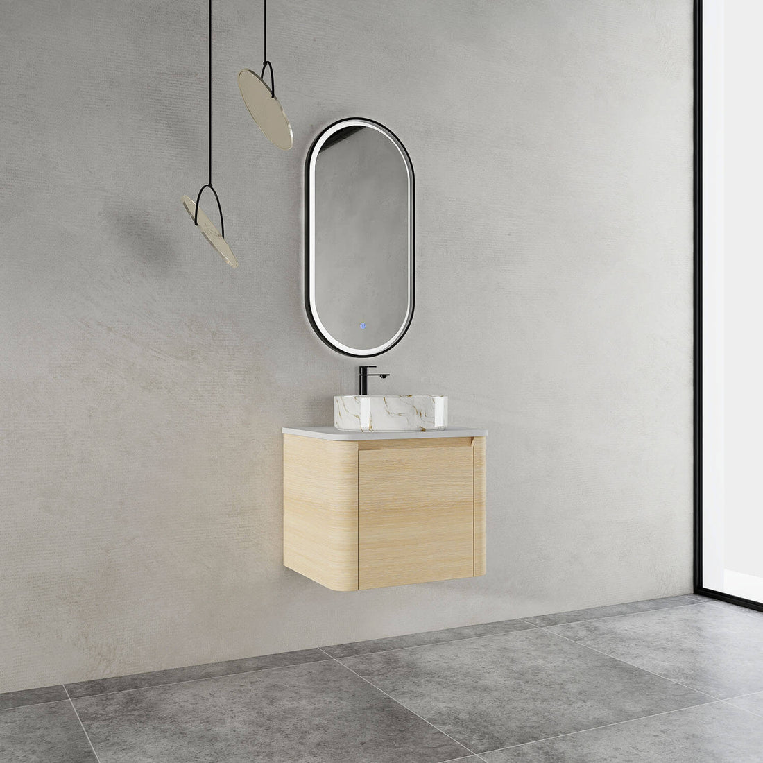 side view of 24 inch White Oak Bathroom Vanity with Golden Stone Pattern Ceramic Vessel Sink