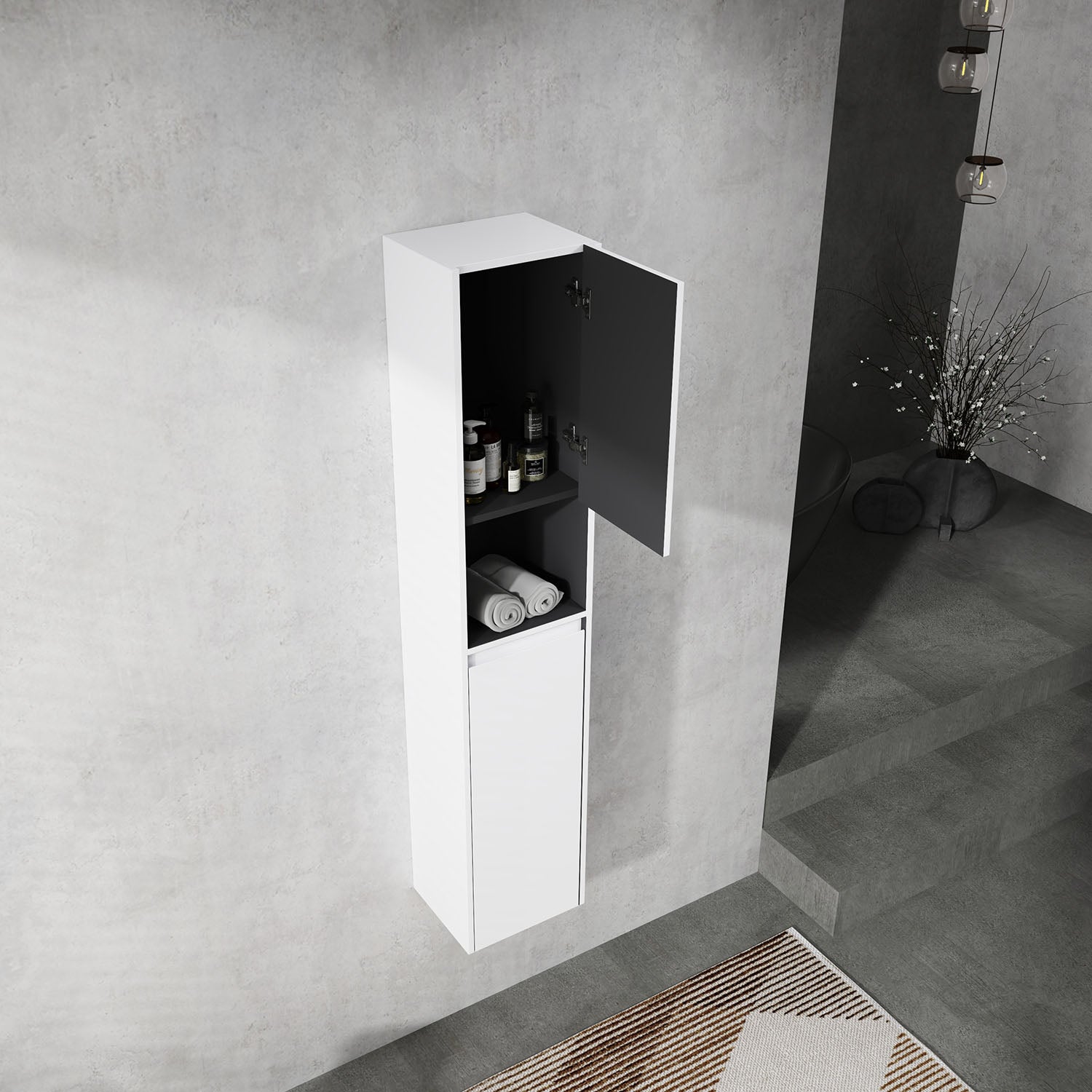 side view of 59 inch Tall White Bathroom Wall Cabinet with Doors and Open Shelf