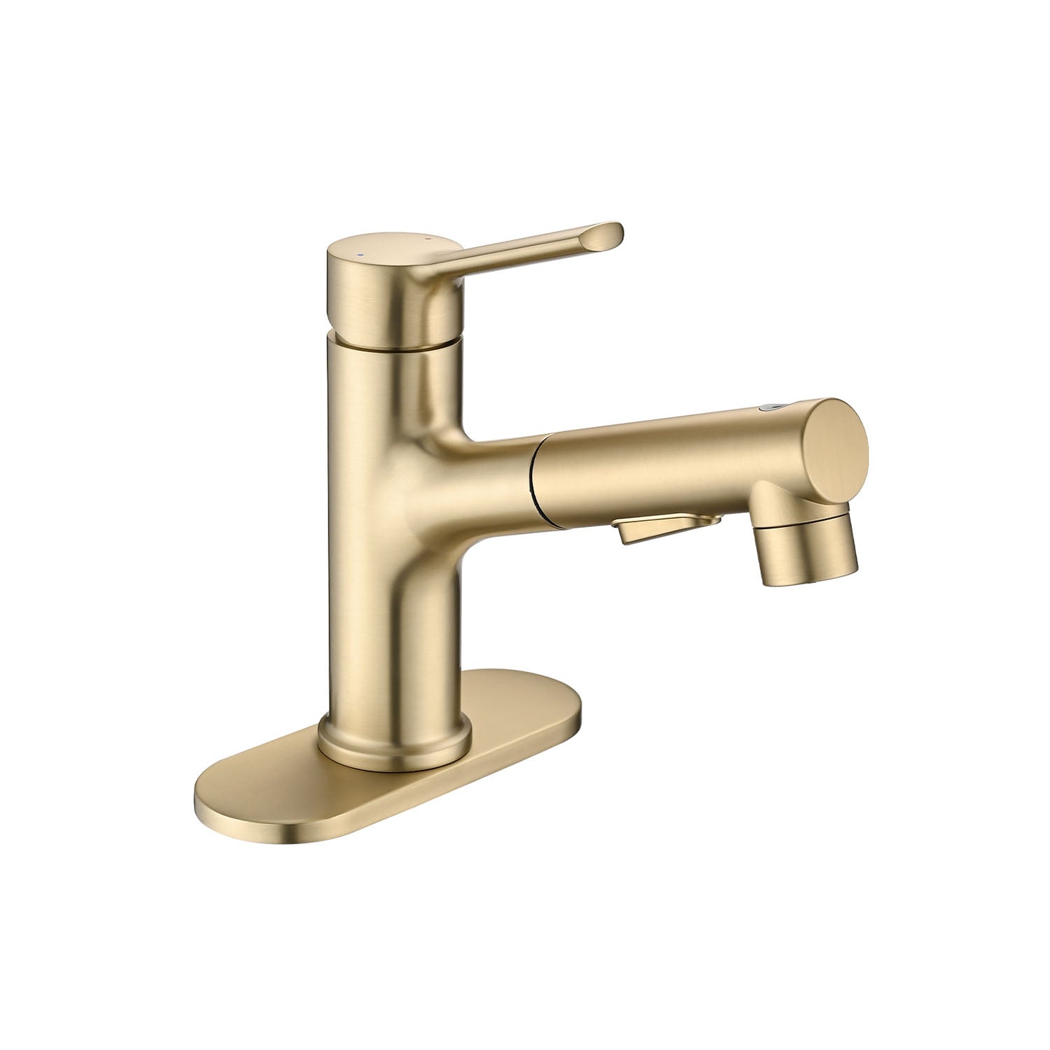 side view of Brushed Gold Pull-Down Bathroom Faucet with deck plate