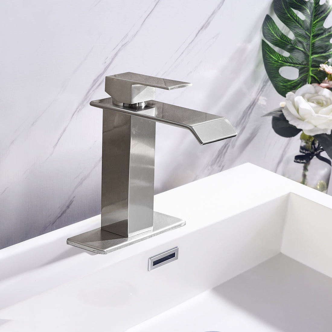 side view of Brushed Nickel Stainless Steel Single Handle Waterfall Bathroom Faucet