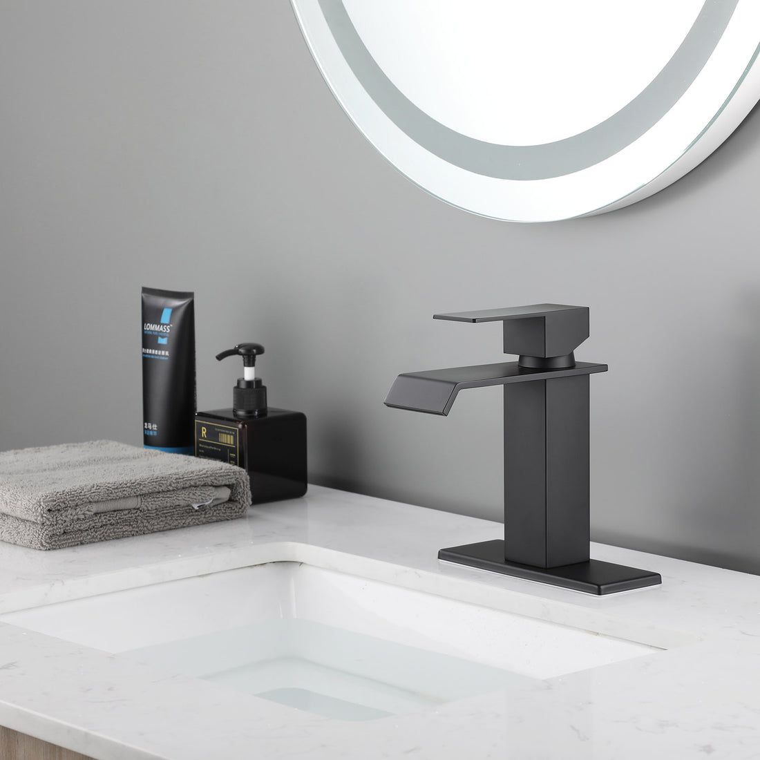 side view of Matte Black Stainless Steel Single Handle Waterfall Bathroom Faucet