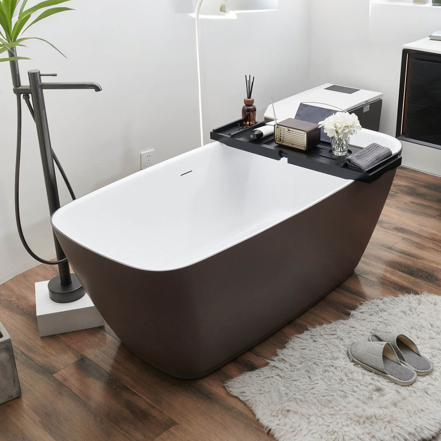 side view of Mokleba Black Bamboo Bathtub Caddy Tray with Soap Tray, Tablet book Holder