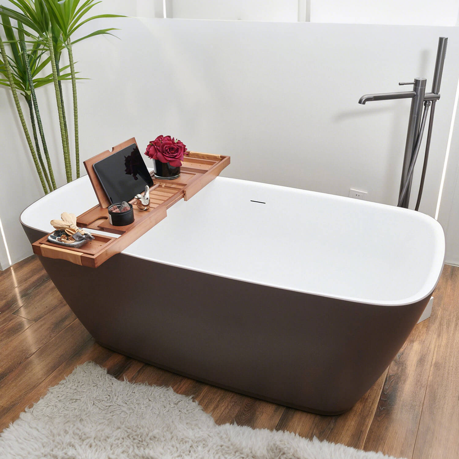side view of Mokleba Light Walnut Bamboo Bathtub Caddy Tray with Leather Handles