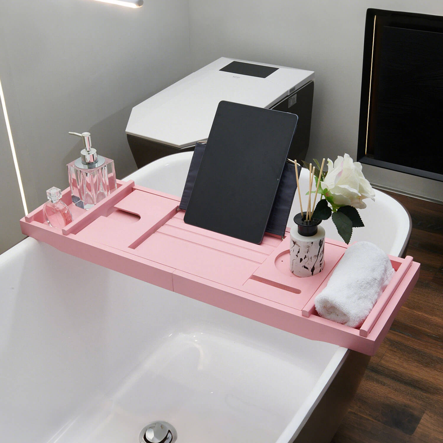 side view of Mokleba Pink Bamboo Bathtub Caddy Tray with Soap Tray Tablet Holder