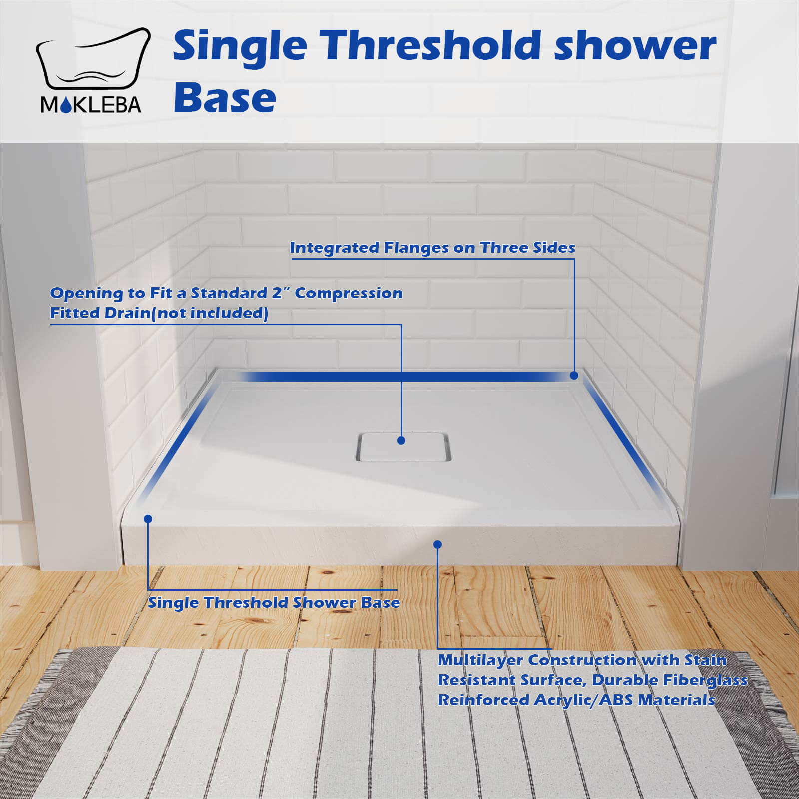 single threshold white acrylic shower pan for three wall installation