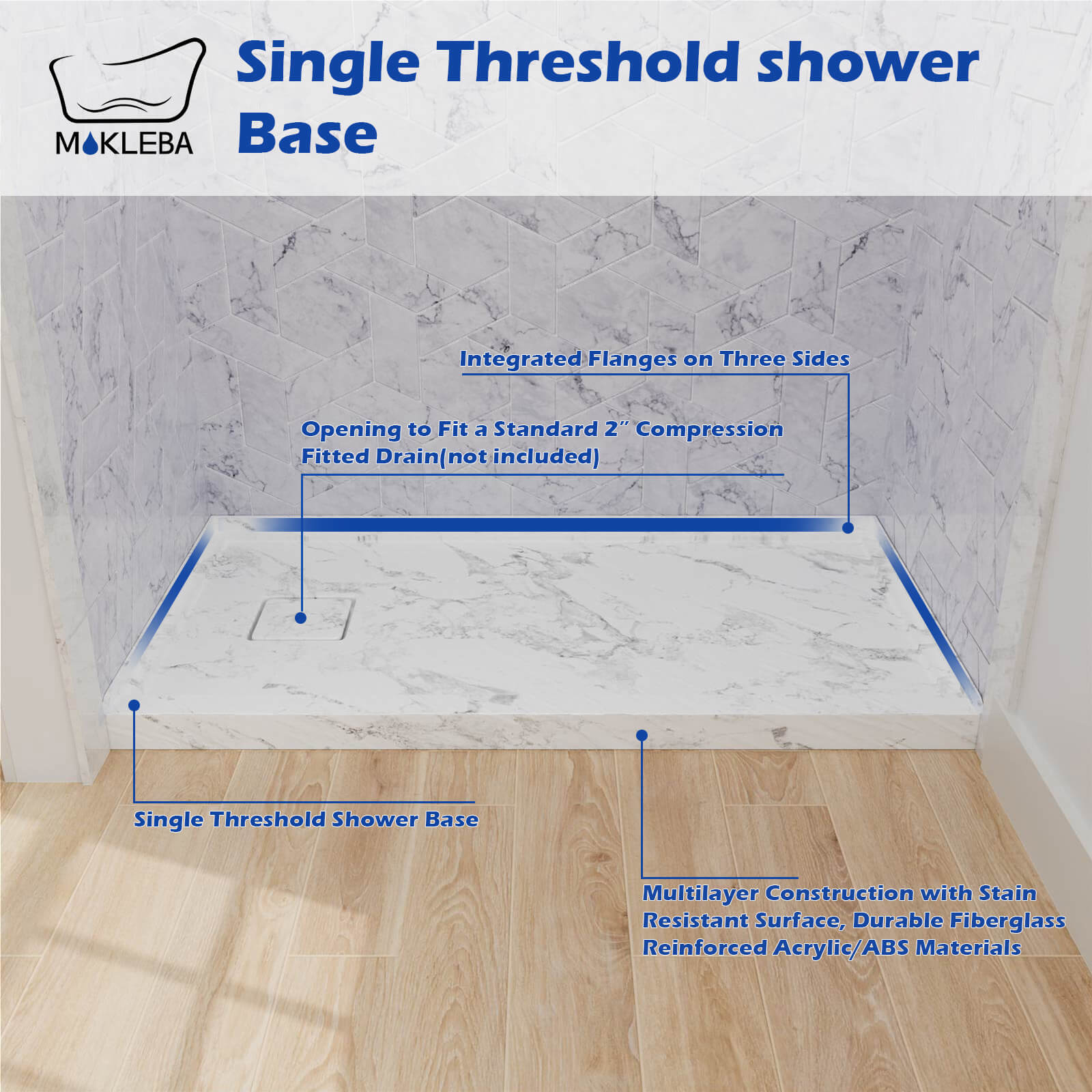 single threshold shower base 60x32 inch with modern alcove design
