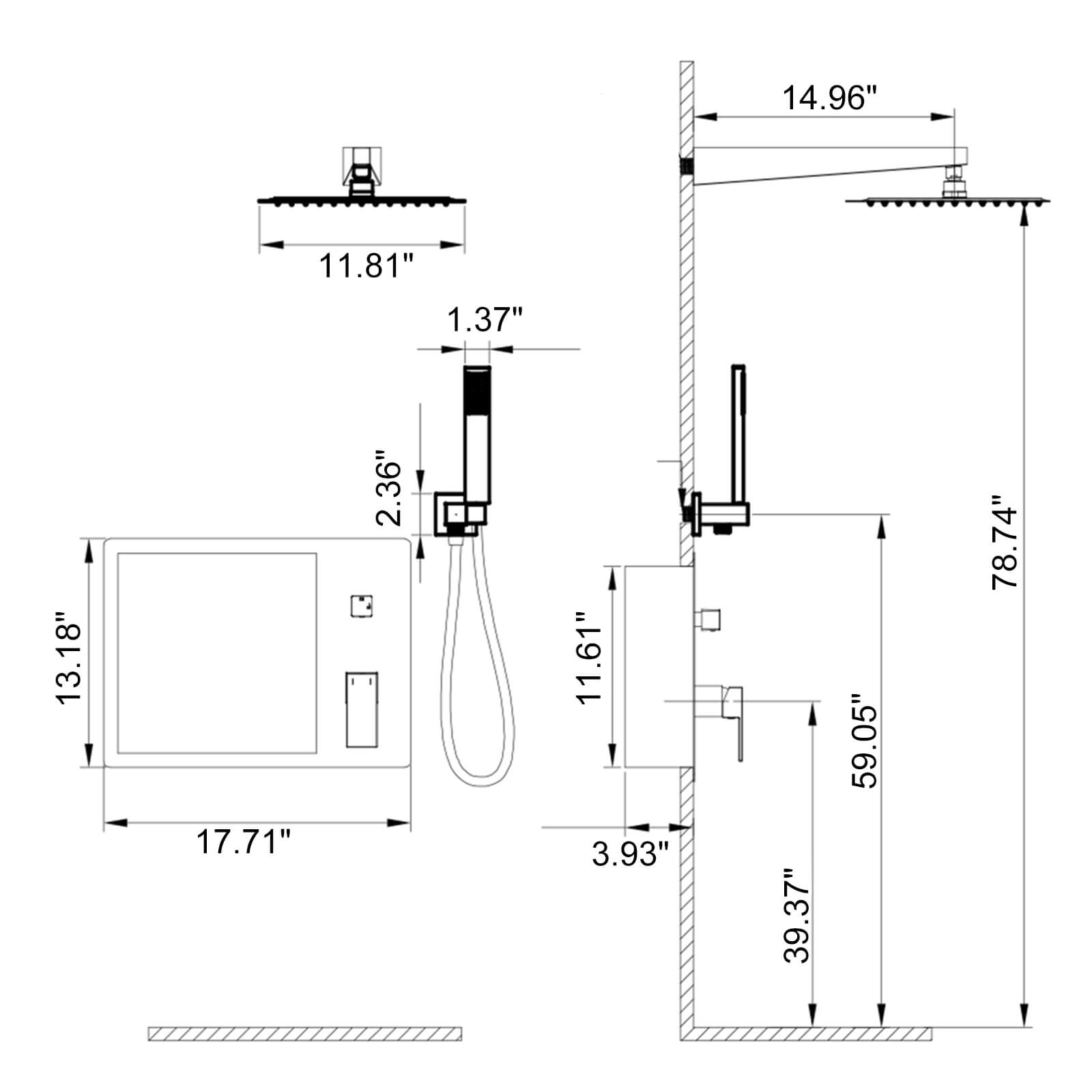 12" Rain Head Shower System with Shower Niche and Handheld, Wall Mount