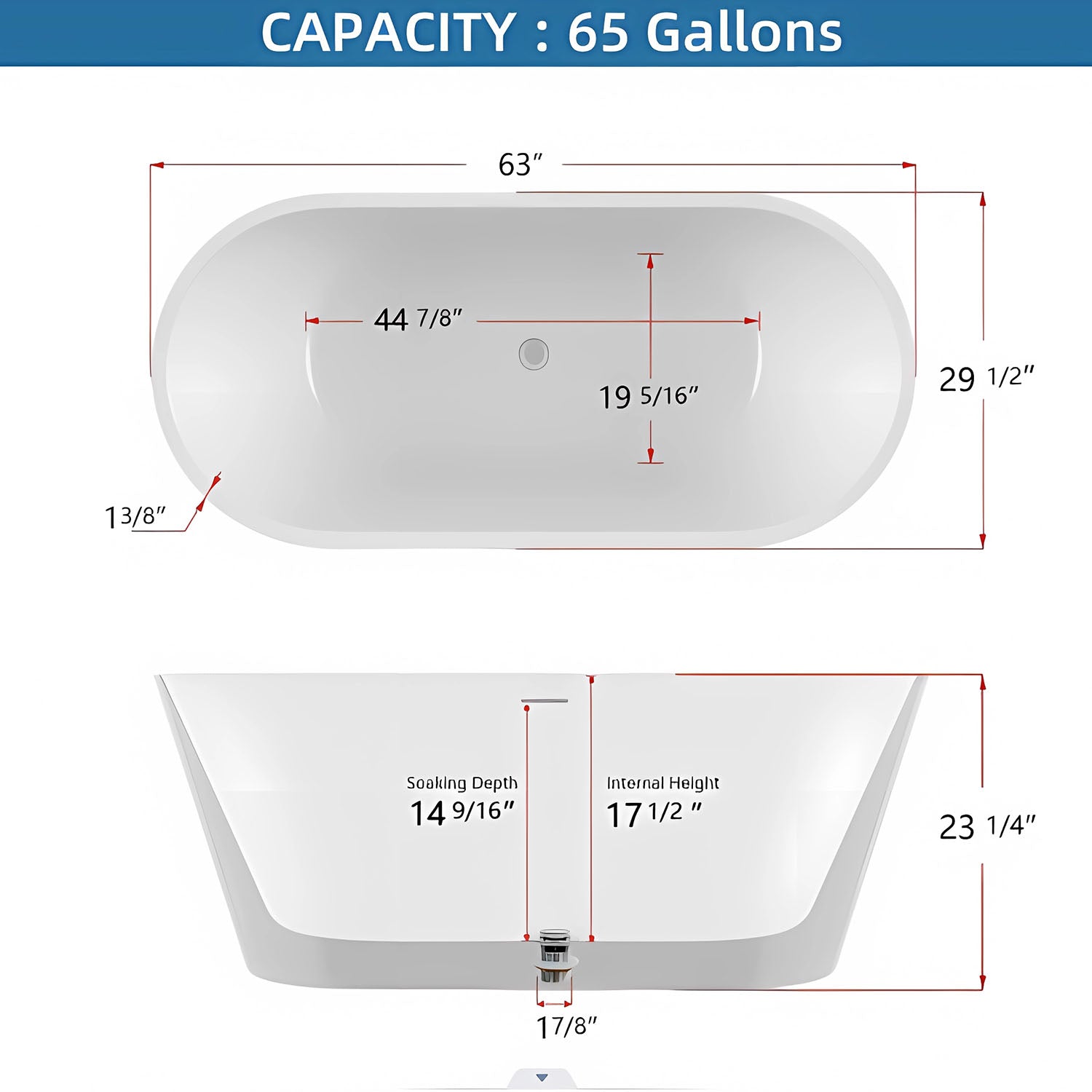 63" Glossy White Oval Freestanding Bathtub in Acrylic Material