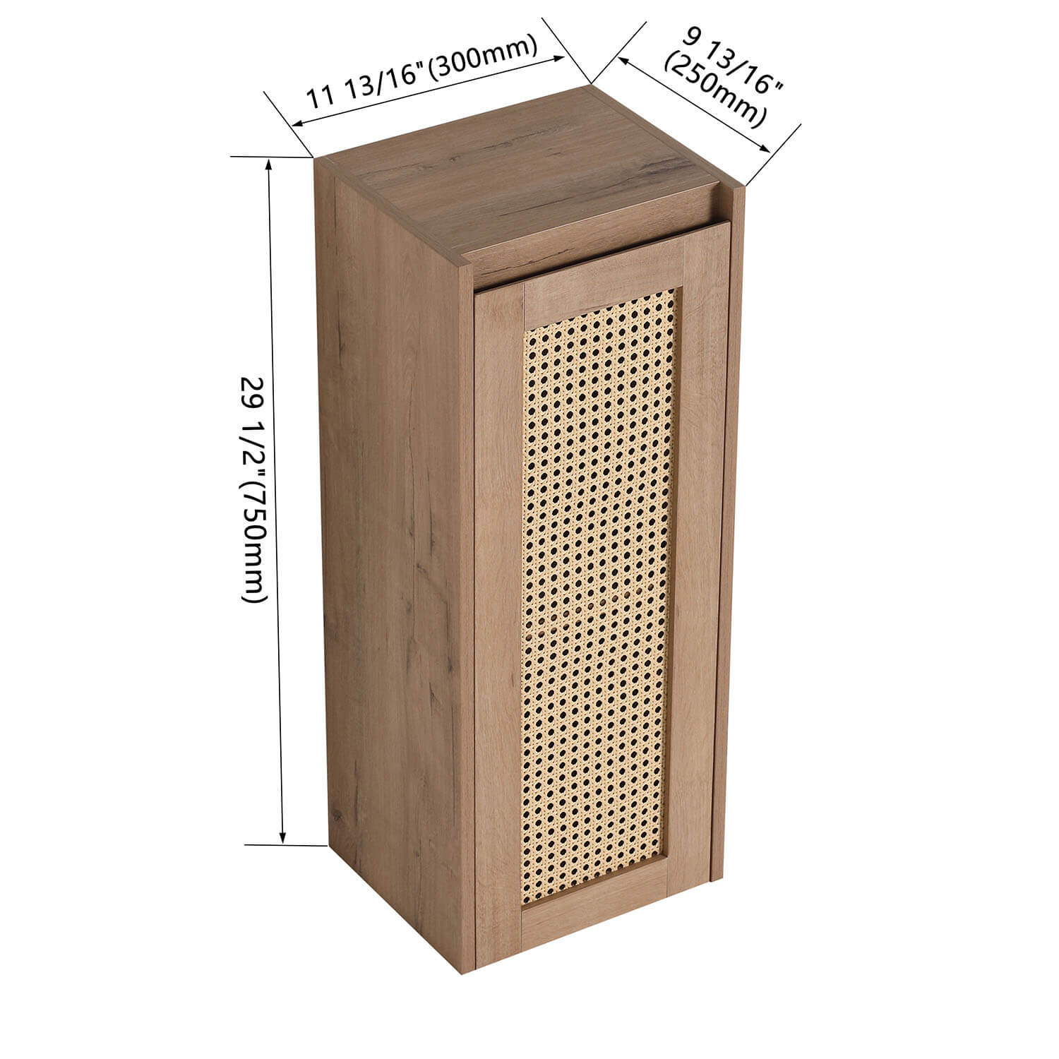 size of 12 inch White Oak Bathroom Wall Cabinet with Rattan Door and Shelves
