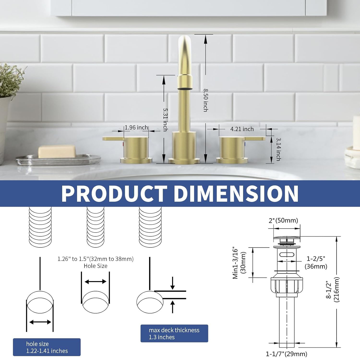 size of 2 handle 3 hole widespread Bathroom Faucet and pop up drain
