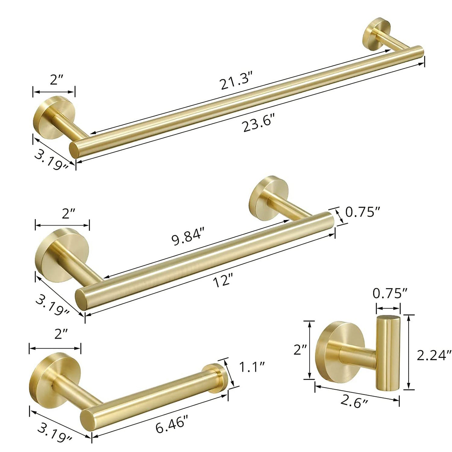 size of 4-Piece Wall-Mounted Brushed Gold Bathroom Hardware Set