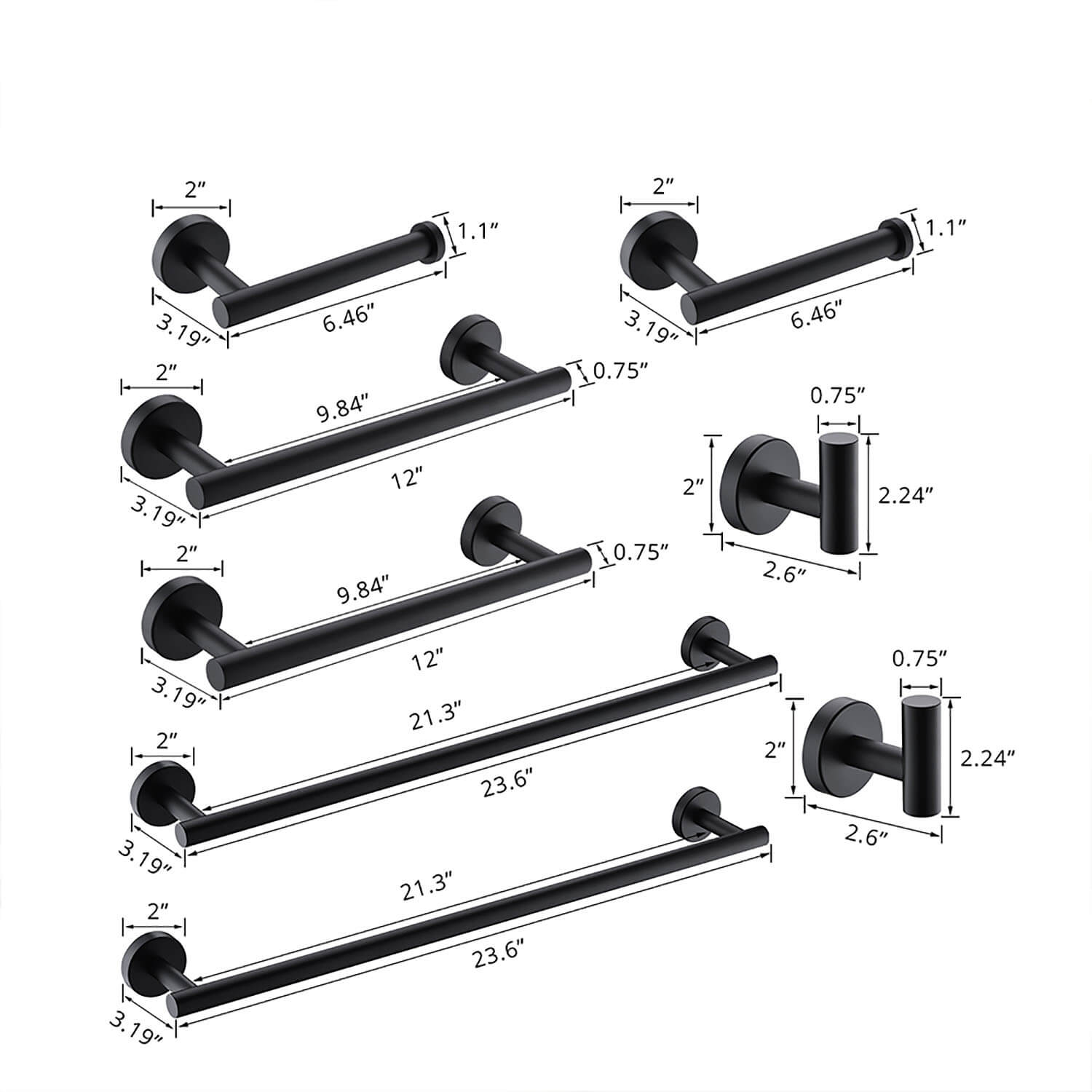 size of 8-Piece Stainless Steel Matte Black Bathroom Hardware Set