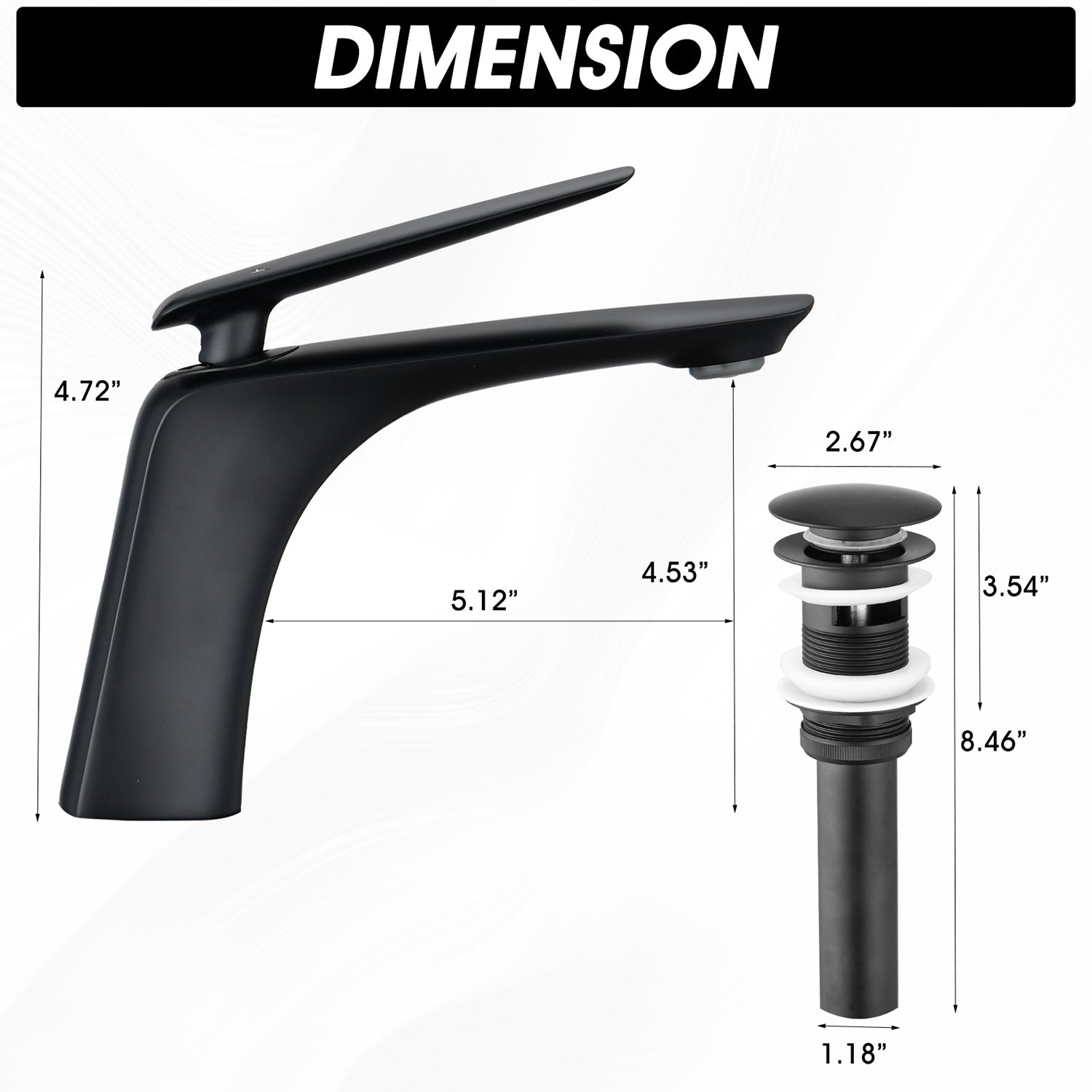 size of Matte Black Single Hole Bathroom Sink Faucet and Pop-Up Drain